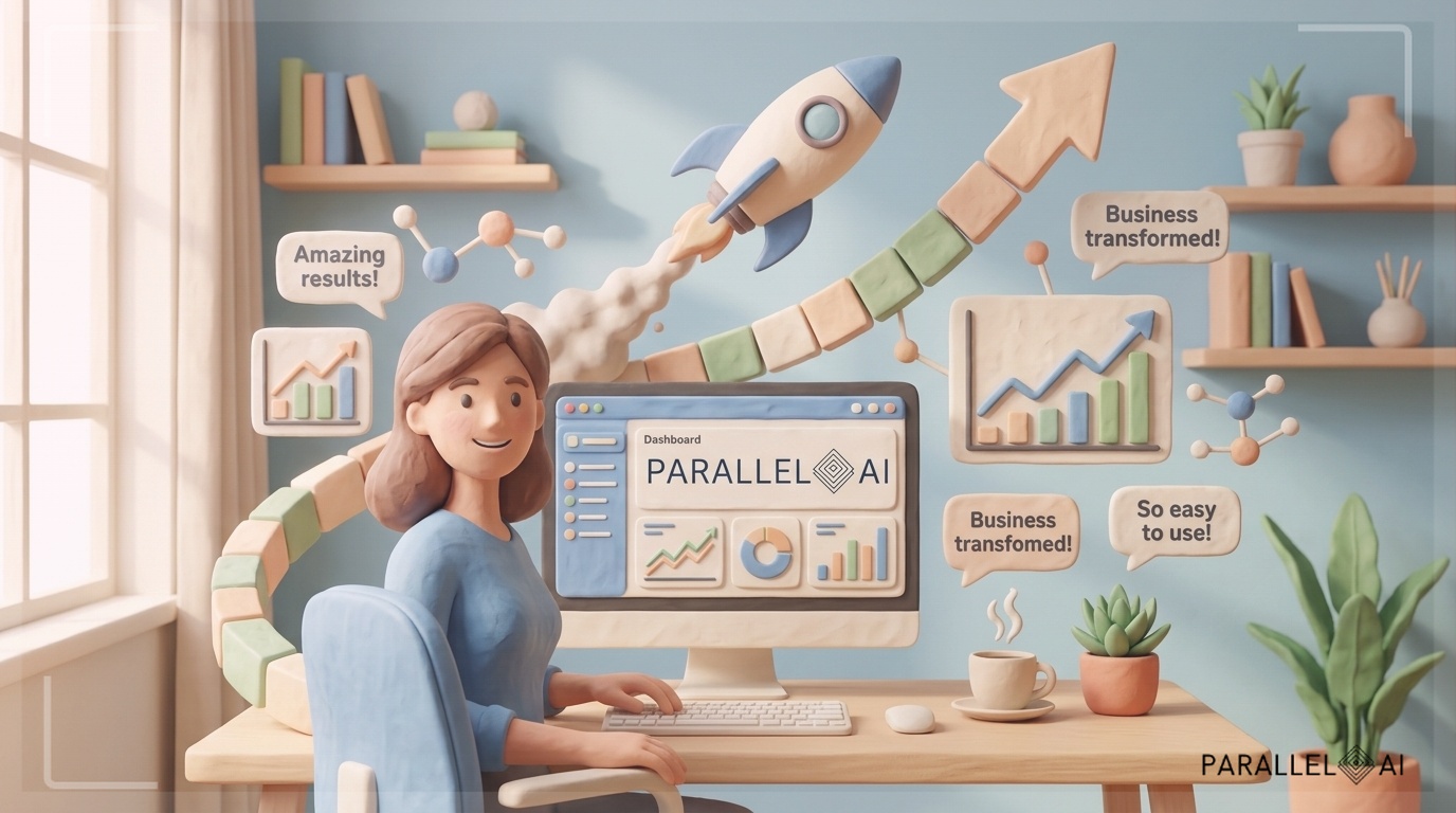 A dynamic hero image showing a freelancer or consultant launching their AI agency with confidence. The scene depicts a clean desk workspace with a glowing computer monitor displaying an AI platform dashboard, surrounded by soft claymation-style 3D elements representing growth charts, connected nodes, and client testimonials floating in the air. The composition is balanced and centered, featuring warm pastel tones (soft blues, warm creams, gentle greens) with diffused natural lighting streaming from the left. Include subtle visual metaphors of acceleration and ease—perhaps a rocket ship or upward trajectory in abstract form. The overall mood is optimistic yet grounded, blending technological sophistication with approachable warmth. Matte finish with handcrafted clay textures throughout. The atmosphere conveys the possibility of launching a profitable business quickly without heavy technical overhead. professional aesthetic of a modern AI platform, in AirBNB claymation style, soft pastel color palette with warm tones, gentle and playful textures, diffused natural lighting, balanced composition with centered focus, matte finish with handcrafted feel, warm inviting mood blending technological innovation with cozy charm --ar 16:9 --style raw --v 6 (with template: New Frame)