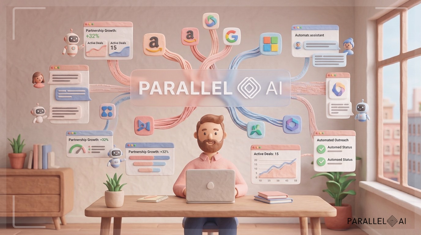 A sophisticated AI-powered business development engine visualization, showing a solo entrepreneur at a modern minimalist desk with holographic displays of enterprise partnership networks and automated outreach systems floating around them. The scene depicts three-dimensional data streams connecting to various enterprise logos, with AI assistant avatars helping manage conversations. Clean, organized workspace with warm natural lighting from a nearby window. Modern tech aesthetic with floating UI elements showing partnership metrics and deal pipeline. The color palette should feature soft pastels with warm tones, particularly peachy pinks and gentle blues, creating an inviting yet professional atmosphere. Gentle claymation-style textures give a friendly, approachable feel to the high-tech scene. Matte finish with handcrafted touches. Composition centered on the entrepreneur with balanced symmetry. Diffused natural lighting creates a cozy yet innovative mood. professional aesthetic of a modern AI platform, in AirBNB claymation style, soft pastel color palette with warm tones, gentle and playful textures, diffused natural lighting, balanced composition with centered focus, matte finish with handcrafted feel, warm inviting mood blending technological innovation with cozy charm --ar 16:9 --style raw --v 6 (with template: New Frame)