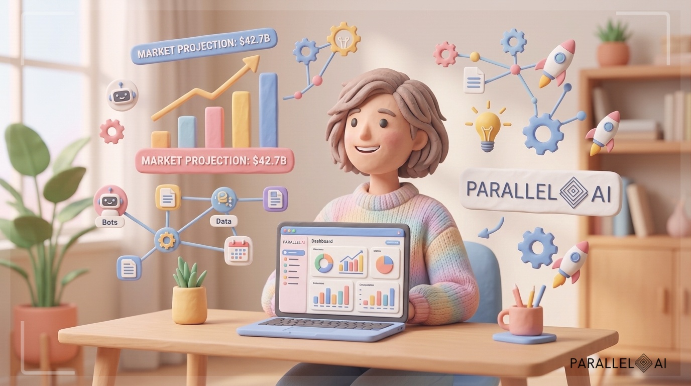 A solopreneur sitting at a clean, minimalist desk with a laptop displaying a modern AI dashboard interface, surrounded by floating digital elements representing white-label AI tools and automation. The scene shows charts trending upward ($42.7B market projection), connected nodes, and abstract tech symbols. The composition centers on the entrepreneur with a confident, motivated expression, embodying the ease of launching without coding. Use the Parallel AI brand aesthetic with soft pastel colors, warm tones, and a gentle claymation-inspired style that makes complex technology feel approachable and inviting. Diffused natural lighting creates a cozy yet professional atmosphere. The overall mood should blend technological innovation with accessible simplicity, showing that building an AI agency is within reach for non-technical founders. professional aesthetic of a modern AI platform, in AirBNB claymation style, soft pastel color palette with warm tones, gentle and playful textures, diffused natural lighting, balanced composition with centered focus, matte finish with handcrafted feel, warm inviting mood blending technological innovation with cozy charm --ar 16:9 --style raw --v 6 (with template: New Frame)