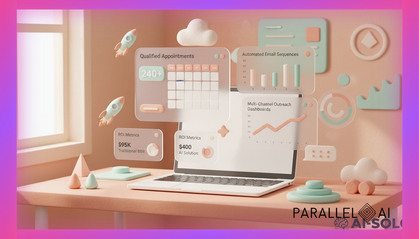 A modern AI-powered business development workspace showing a solopreneur's desk with holographic data visualizations floating above a sleek laptop, displaying meeting calendar with 240+ qualified appointments, automated email sequences, and multi-channel outreach dashboards. The scene features soft pastel colors dominated by warm peachy-pink and mint green tones, gentle natural lighting streaming from the left creating a cozy yet professional atmosphere, centered composition with the laptop as focal point surrounded by floating UI elements showing ROI metrics ($95K traditional BDR vs $400 AI solution), handcrafted claymation-style 3D elements with matte finish textures creating a friendly approachable feel while maintaining technological sophistication, subtle brand logo placement in bottom right corner maintaining dark mode visibility against the light warm color scheme, overall mood blending cutting-edge AI innovation with accessible solopreneur-friendly warmth --ar 16:9 --style raw --v 6 professional aesthetic of a modern AI platform, in AirBNB claymation style, soft pastel color palette with warm tones, gentle and playful textures, diffused natural lighting, balanced composition with centered focus, matte finish with handcrafted feel, warm inviting mood blending technological innovation with cozy charm --ar 16:9 --style raw --v 6 (with template: New Frame)