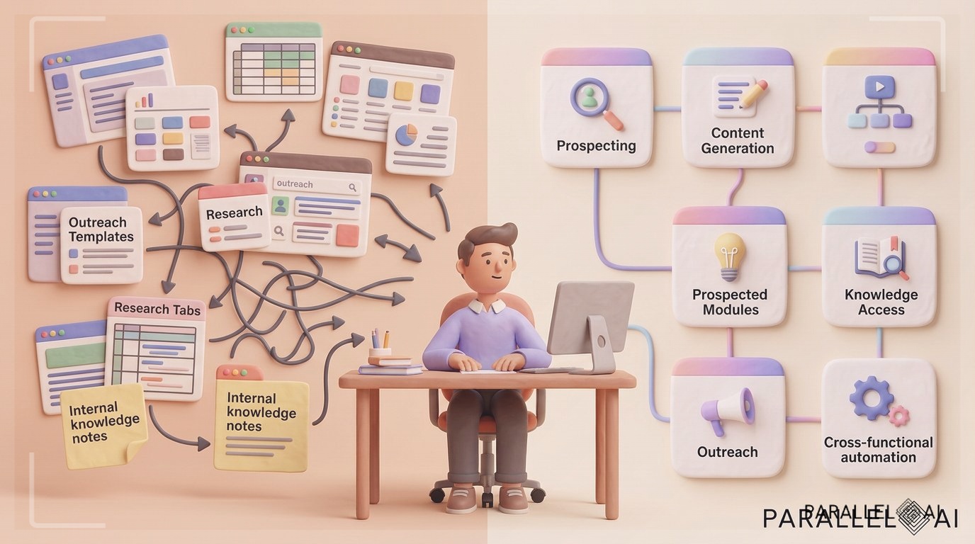 Create a blog hero illustration showing a RevOps leader at a desk reviewing a fragmented go-to-market stack versus a unified AI platform. On the left side, depict a cluttered scene with many floating software panels, spreadsheets, enrichment cards, outreach drafts, research tabs, internal knowledge notes, and disconnected workflow arrows to represent Clay-style point solutions and operational drag. On the right side, show a calm, simplified unified workspace representing Parallel AI, with connected modules for prospecting, content generation, knowledge access, outreach, and cross-functional automation flowing together in one clear system. Use a centered split composition with the human decision-maker in the middle, visually comparing complexity versus consolidation. Include subtle brand cues inspired by reference image 8f6f4f96-bbbe-4919-9a94-3b2cd9ca7ec2 for iconography language and modern AI platform feel, and place the dark-mode logo from reference image 8b140530-12fe-482f-ae42-fae2a2bbdc74 subtly at the bottom right for brand recognition without overpowering the scene. Keep all UI elements abstract and non-literal, avoiding competitor logos or exact interfaces. professional aesthetic of a modern AI platform, in AirBNB claymation style, soft pastel color palette with warm tones, gentle and playful textures, diffused natural lighting, balanced composition with centered focus, matte finish with handcrafted feel, warm inviting mood blending technological innovation with cozy charm --ar 16:9 --style raw --v 6 (with template: New Frame)