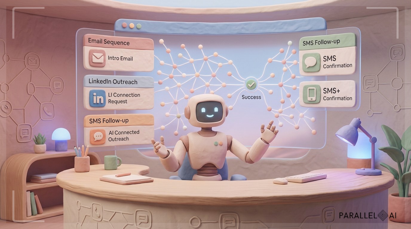 A sophisticated AI-powered sales dashboard showing multiple prospect engagement channels, holographic interface displaying automated outreach sequences across email LinkedIn and SMS, futuristic data visualization with glowing connection nodes representing 300+ qualified leads, sleek modern workspace with ambient blue and purple lighting, geometric patterns suggesting interconnected communication flows, central AI avatar or robot assistant orchestrating the sales process, professional aesthetic of a modern AI platform, in AirBNB claymation style, soft pastel color palette with warm tones, gentle and playful textures, diffused natural lighting, balanced composition with centered focus, matte finish with handcrafted feel, warm inviting mood blending technological innovation with cozy charm --ar 16:9 --style raw --v 6 (with template: New Frame)