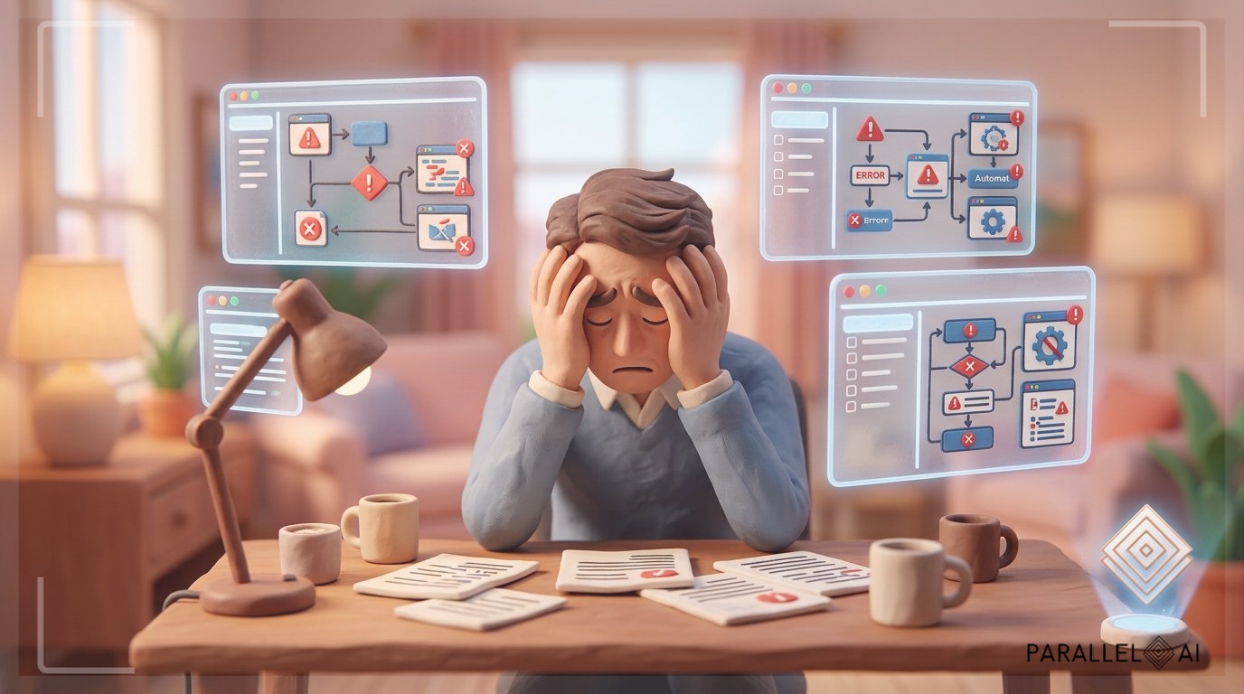 A frustrated solopreneur consultant sitting at a modern desk surrounded by multiple glowing holographic AI interface screens showing error messages and disconnected workflows, chaotic arrangement of floating digital icons representing failed automation attempts, person with head in hands showing exhaustion, warm indoor office lighting contrasting with cold blue screen glow, shallow depth of field focusing on the person's overwhelmed expression, scattered papers and coffee cups suggesting long hours of troubleshooting, incorporates the Parallel AI logo subtly in bottom right corner as a small holographic element, professional aesthetic of a modern AI platform, in AirBNB claymation style, soft pastel color palette with warm tones, gentle and playful textures, diffused natural lighting, balanced composition with centered focus, matte finish with handcrafted feel, warm inviting mood blending technological innovation with cozy charm --ar 16:9 --style raw --v 6 (with template: New Frame)