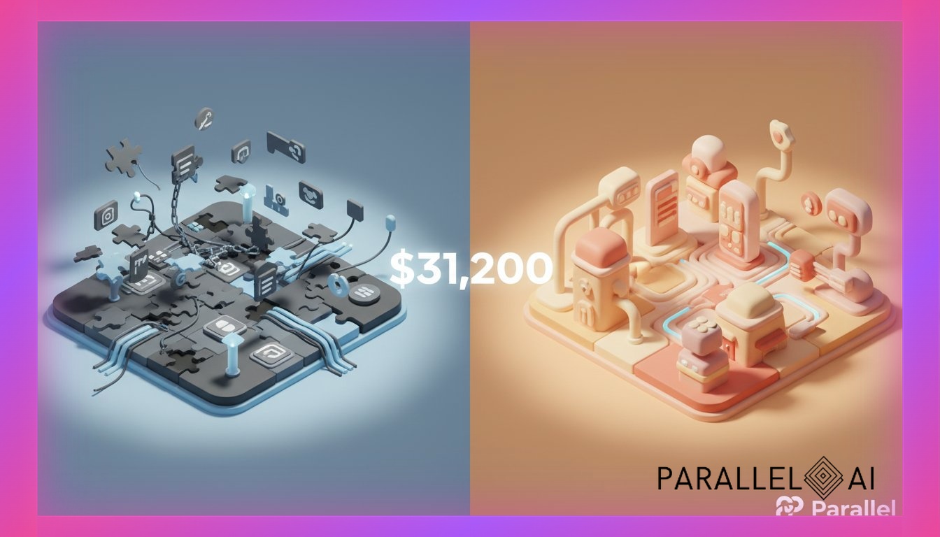 Split-screen comparison visualization showing two distinct paths: left side shows a fragmented workflow with multiple disconnected tools and platforms floating in chaos, represented by scattered puzzle pieces and broken chains in cool blues and grays; right side shows a unified, streamlined automation platform with interconnected nodes flowing smoothly in warm, inviting colors. Center features a glowing $31,200 figure in bold typography. Modern isometric perspective, clean lines, professional business aesthetic with a touch of playfulness through soft rounded edges. Incorporate the Parallel AI logo subtly in bottom right corner using reference image styling. Dramatic lighting with spotlight effect on the dollar amount, creating depth and focus. The unified platform side should echo the warm, welcoming claymation aesthetic with soft textures and pastel accents, professional aesthetic of a modern AI platform, in AirBNB claymation style, soft pastel color palette with warm tones, gentle and playful textures, diffused natural lighting, balanced composition with centered focus, matte finish with handcrafted feel, warm inviting mood blending technological innovation with cozy charm --ar 16:9 --style raw --v 6 (with template: New Frame)