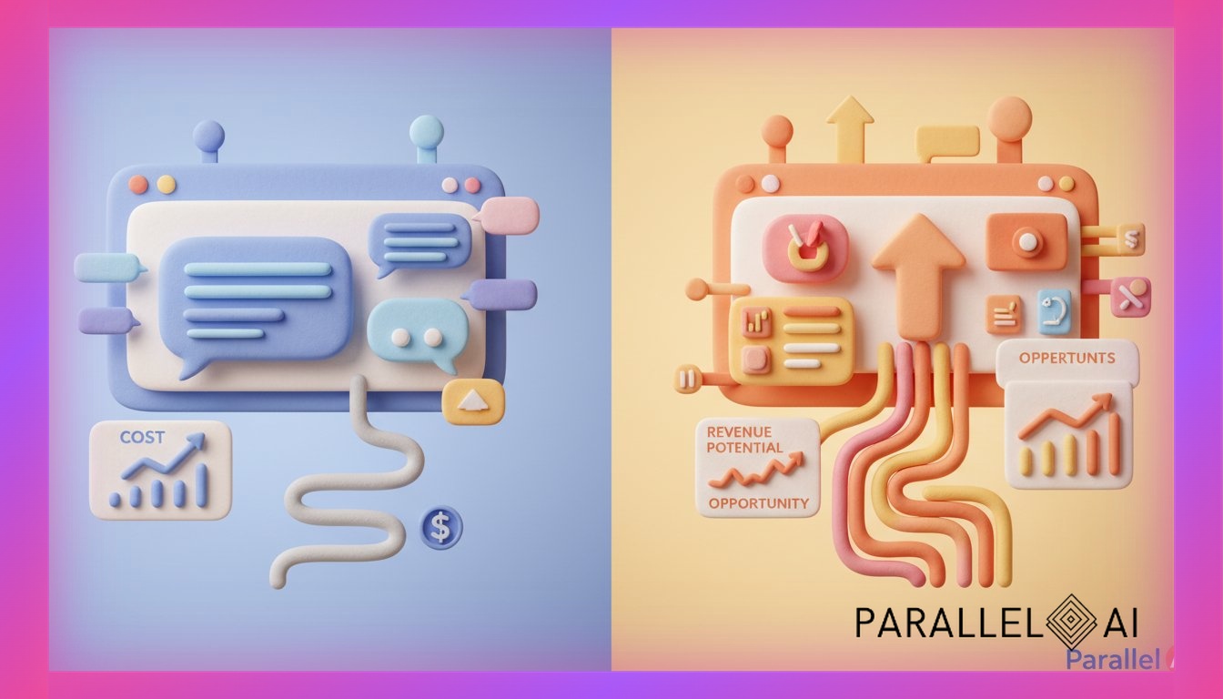 Split-screen composition comparing two AI platforms, left side showing a limited chatbot interface with single conversation bubbles in cool blues, right side displaying a comprehensive AI automation dashboard with multiple integrated tools, workflows, and revenue streams in warm vibrant colors. The left side appears restrictive with narrow pathways and a single dollar sign, while the right side opens into an expansive ecosystem with multiple revenue streams flowing upward. Professional business aesthetic with clean geometric shapes, subtle gradient backgrounds transitioning from restrictive blues to opportunity-rich warm tones. Include subtle data visualization elements showing cost comparisons and revenue potential. Modern tech startup photography style with depth of field, crisp edges, balanced lighting that emphasizes the contrast between limitation and opportunity. Place the Parallel AI logo in bottom right corner for brand recognition. professional aesthetic of a modern AI platform, in AirBNB claymation style, soft pastel color palette with warm tones, gentle and playful textures, diffused natural lighting, balanced composition with centered focus, matte finish with handcrafted feel, warm inviting mood blending technological innovation with cozy charm --ar 16:9 --style raw --v 6 (with template: New Frame)