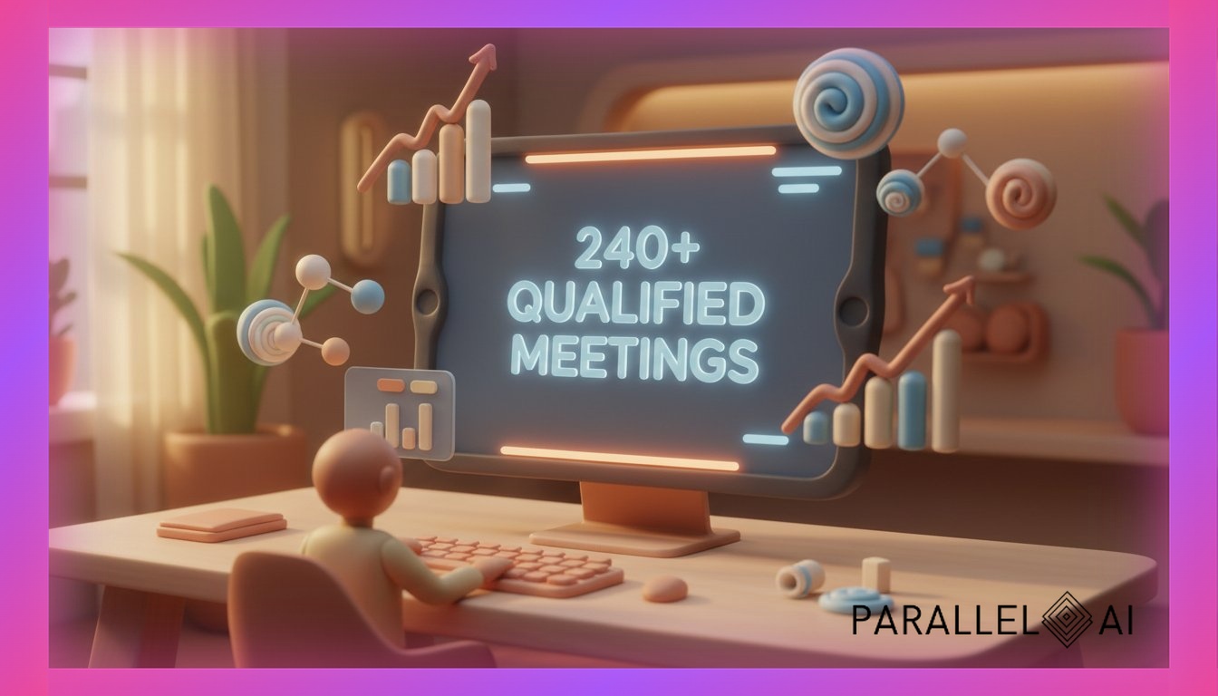 A sophisticated AI-powered business development workspace showing a futuristic dashboard interface with glowing metrics displaying '240+ qualified meetings' on holographic screens, surrounded by floating 3D data visualizations of pipeline growth charts and meeting analytics, warm ambient lighting casting soft shadows, sleek modern desk setup with minimalist design, professional technology aesthetic blending innovation with accessibility, depth of field focusing on the central dashboard while background elements subtly blur, color palette featuring soft blues and warm accent tones suggesting both technological advancement and human connection, composition centered on the AI interface with supporting elements arranged in balanced thirds, professional aesthetic of a modern AI platform, in AirBNB claymation style, soft pastel color palette with warm tones, gentle and playful textures, diffused natural lighting, balanced composition with centered focus, matte finish with handcrafted feel, warm inviting mood blending technological innovation with cozy charm --ar 16:9 --style raw --v 6 (with template: New Frame)