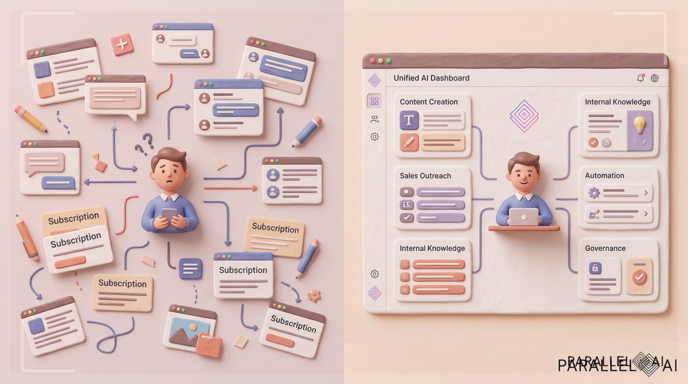 Create a wide blog hero illustration showing a modern B2B marketing team overwhelmed by a fragmented AI software stack: multiple floating dashboards, chat windows, writing tools, tabs, subscription cards, and disconnected workflow lines clutter the left side of the scene. On the right side, show a single unified AI workspace that feels calm, organized, and scalable, with modules for content creation, sales outreach, internal knowledge, automation, and governance all connected in one clean interface. Use a visual contrast of chaos versus consolidation, but keep the overall look polished, friendly, and premium rather than stressful. Include subtle brand-inspired interface accents and icon styling influenced by the Parallel AI icon reference image, using it to guide the shape language and recognizable visual identity cues. Place the dark-mode Parallel AI logo subtly at the bottom right corner as a brand signature, using the logo reference image for accurate placement and treatment on a light-toned composition. Emphasize centered balance, simple storytelling, and clear hierarchy suitable for a comparison article titled 'Parallel AI vs Jasper: 7 Differences That Matter.' professional aesthetic of a modern AI platform, in AirBNB claymation style, soft pastel color palette with warm tones, gentle and playful textures, diffused natural lighting, balanced composition with centered focus, matte finish with handcrafted feel, warm inviting mood blending technological innovation with cozy charm --ar 16:9 --style raw --v 6 (with template: New Frame)