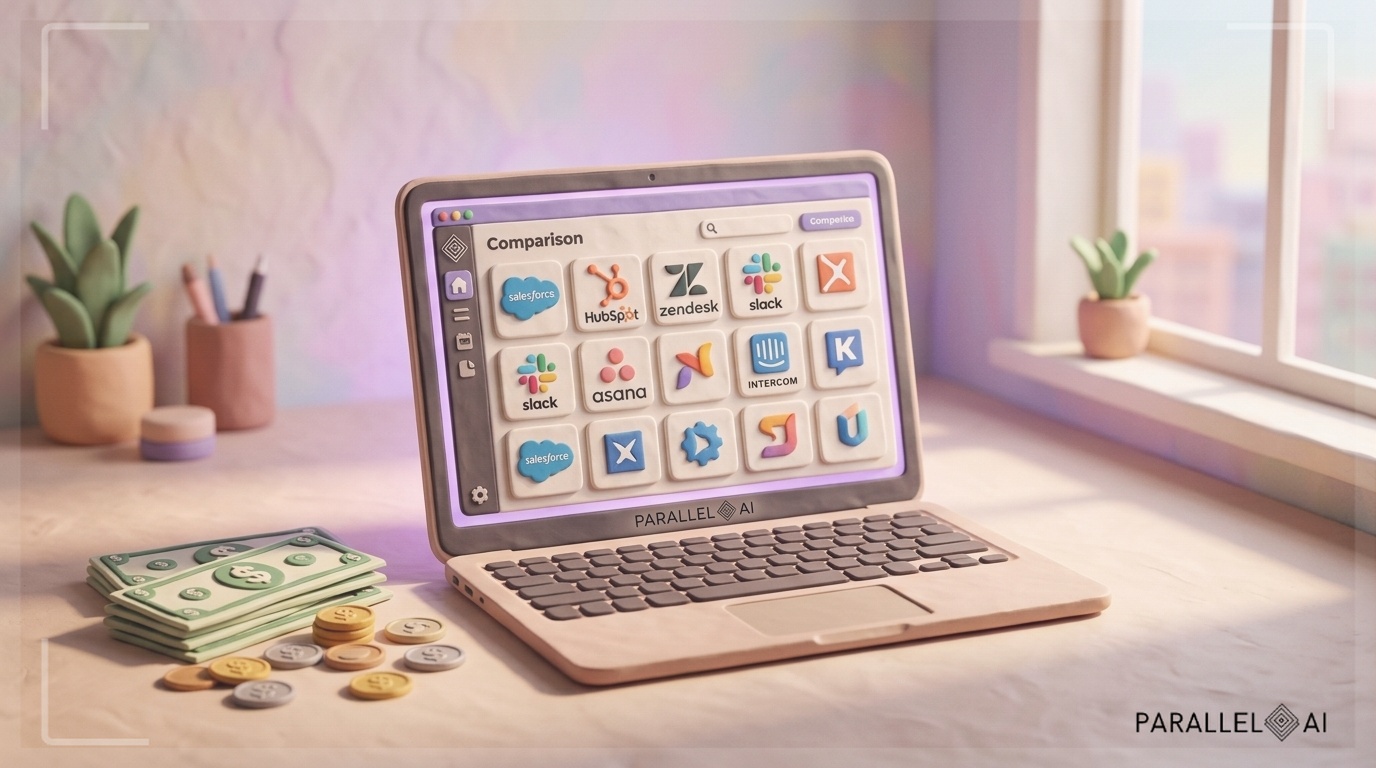 A modern workspace featuring a laptop displaying a comparison dashboard with multiple SaaS tool logos arranged in a grid layout, clean white desk with subtle purple accent lighting from behind the screen, stack of dollar bills and coins artfully arranged to the left representing budget considerations, soft morning light streaming through window creating gentle shadows, minimalist composition with ample negative space, shot from a 45-degree angle to show depth, bright and professional atmosphere with warm undertones, slight depth of field blur on background elements, emphasis on the comparison interface showing various alternative tools icons, photorealistic style with clay-like texture overlay on UI elements for brand consistency, professional aesthetic of a modern AI platform, in AirBNB claymation style, soft pastel color palette with warm tones, gentle and playful textures, diffused natural lighting, balanced composition with centered focus, matte finish with handcrafted feel, warm inviting mood blending technological innovation with cozy charm --ar 16:9 --style raw --v 6 (with template: New Frame)