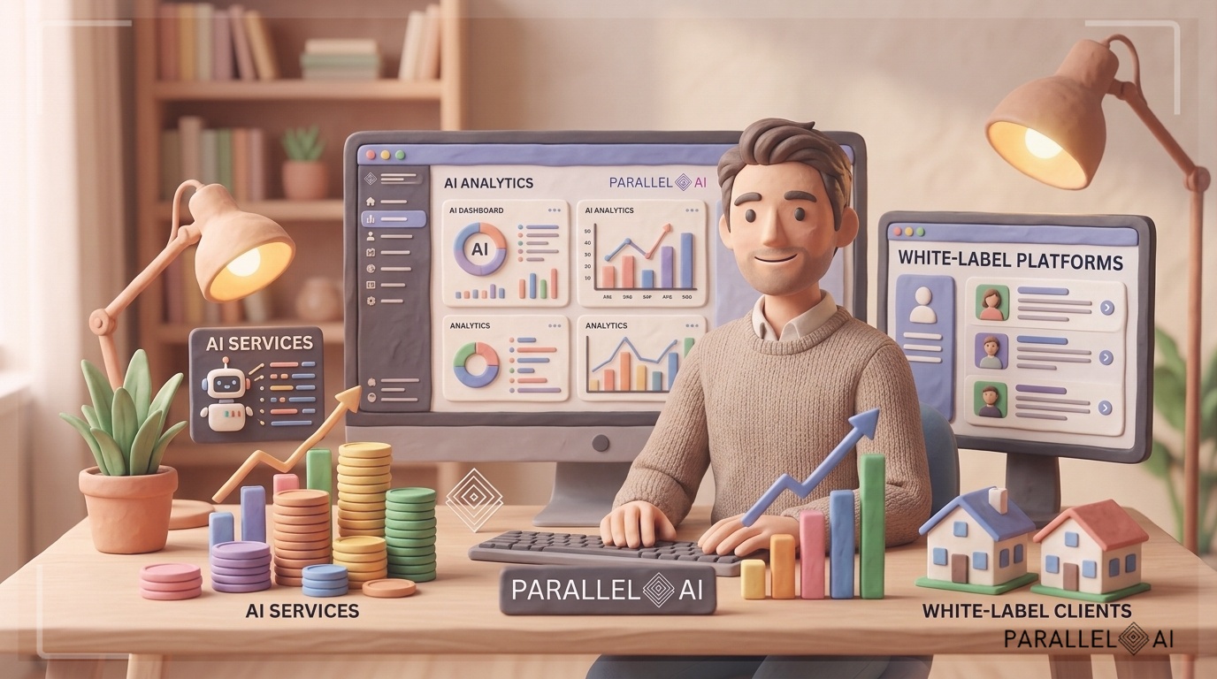 A solopreneur working confidently at a modern desk setup with multiple monitors displaying AI dashboards and analytics, surrounded by soft clay-textured elements representing AI services, white-label platforms, and business growth charts. The scene shows financial growth visualization with stacked coins and upward trending graphs in a minimalist style. Professional yet approachable atmosphere with warm ambient lighting, soft shadows, and a cozy home office environment blending technology with creative workspace. Incorporate the Parallel AI brand aesthetic: professional aesthetic of a modern AI platform, in AirBNB claymation style, soft pastel color palette with warm tones, gentle and playful textures, diffused natural lighting, balanced composition with centered focus, matte finish with handcrafted feel, warm inviting mood blending technological innovation with cozy charm --ar 16:9 --style raw --v 6 (with template: New Frame)