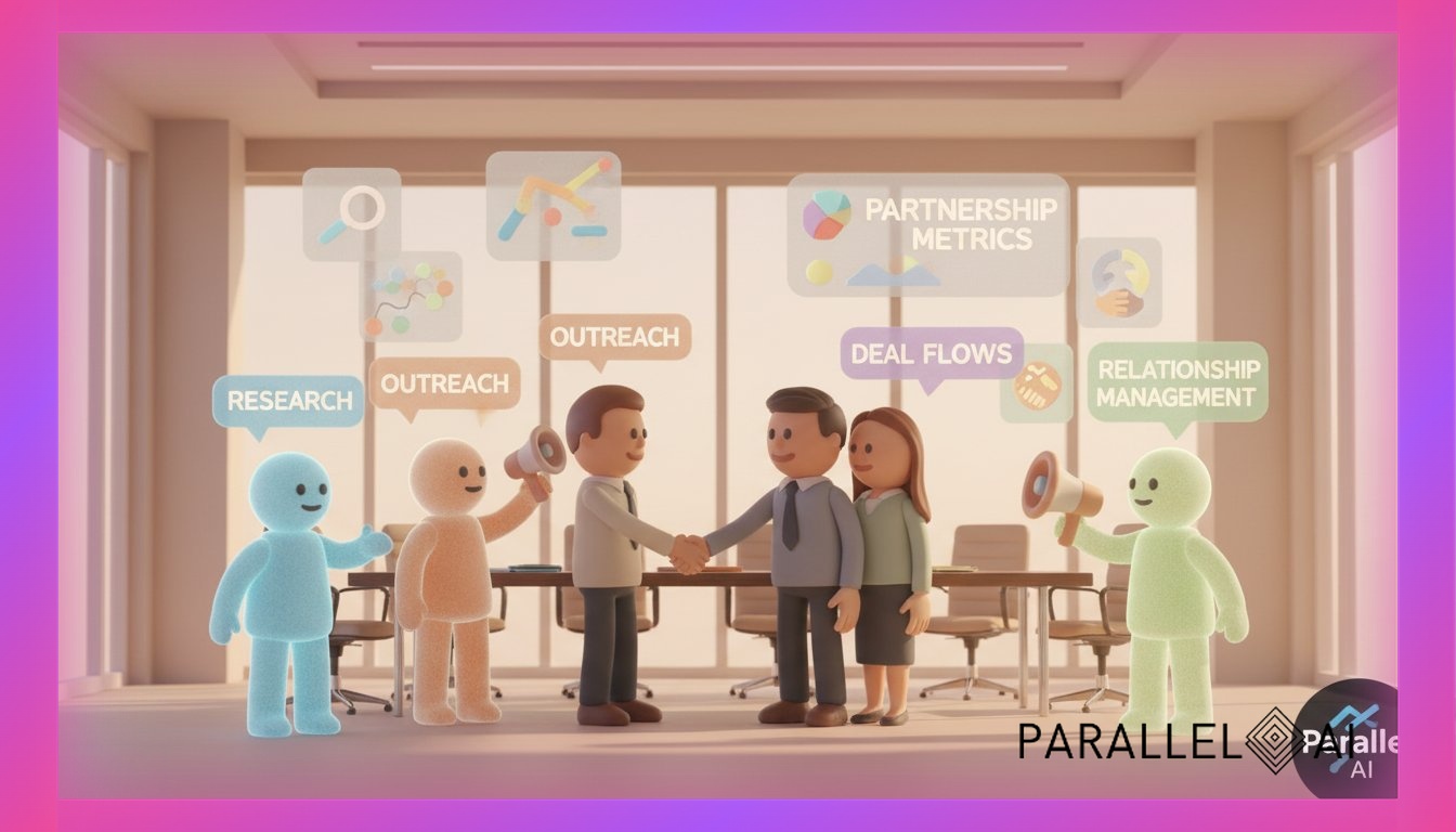 A sophisticated AI-powered business meeting scene showing a solo entrepreneur confidently presenting to enterprise executives in a modern glass-walled conference room, holographic data visualizations and AI agent interfaces floating in the air around them displaying partnership metrics and deal flows, the solopreneur working seamlessly alongside translucent AI agent avatars that represent different aspects of business development (research, outreach, relationship management), warm natural lighting streaming through floor-to-ceiling windows, professional atmosphere with celebratory undertones showing a successful partnership handshake, incorporate the Parallel AI logo subtly in bottom right corner using the dark mode version, professional aesthetic of a modern AI platform, in AirBNB claymation style, soft pastel color palette with warm tones, gentle and playful textures, diffused natural lighting, balanced composition with centered focus, matte finish with handcrafted feel, warm inviting mood blending technological innovation with cozy charm --ar 16:9 --style raw --v 6 (with template: New Frame)