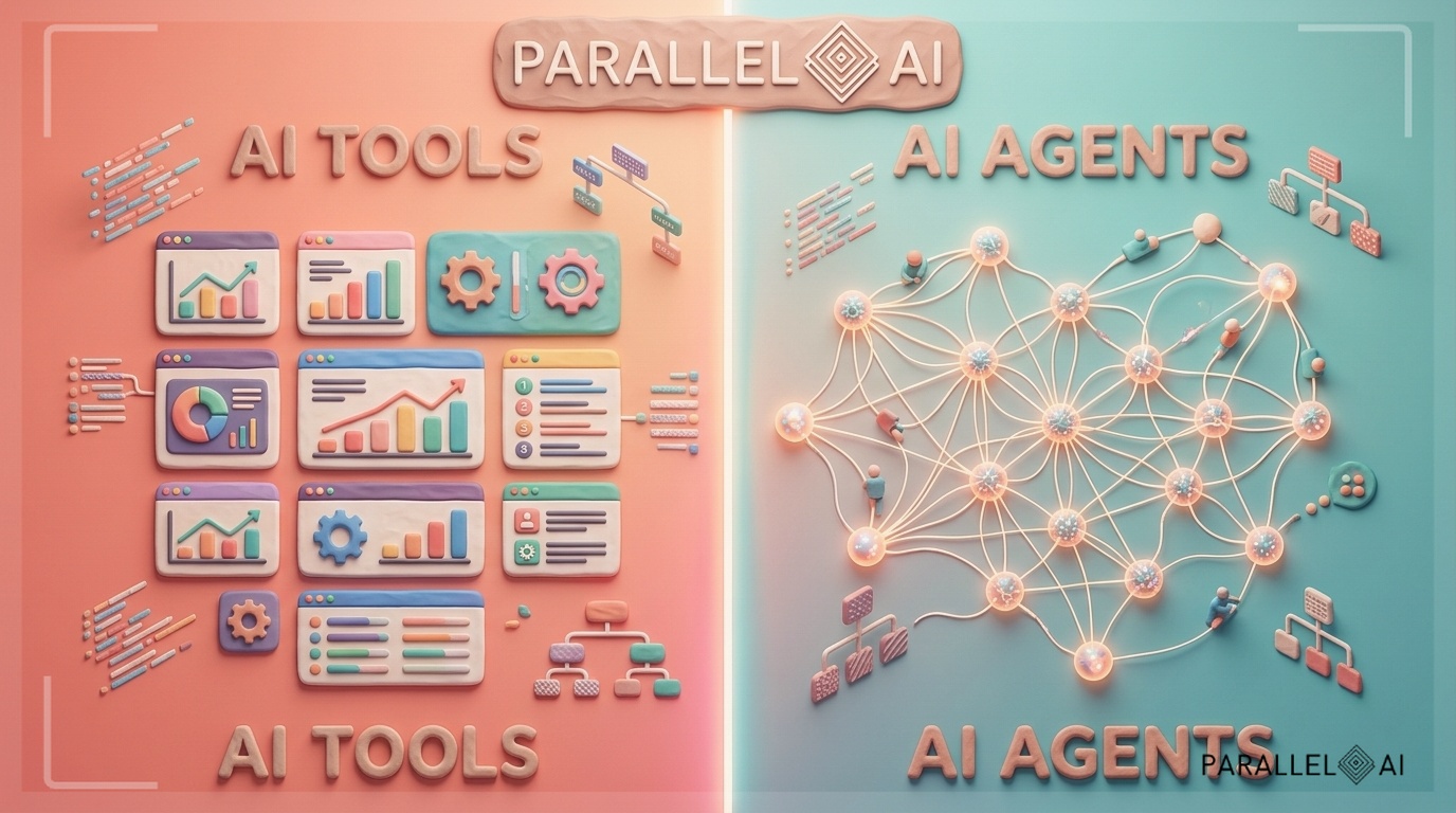 Split-screen composition showing the contrast between AI tools and AI agents, left side features organized grid of colorful software interface icons and dashboard elements representing structured tools, right side shows interconnected glowing neural network nodes with autonomous pathways representing agents, modern tech aesthetic with soft gradients transitioning from warm coral on tools side to cool teal on agents side, centered dividing line with subtle glow, floating abstract data streams and decision trees, clean professional layout with ample negative space, soft studio lighting with rim lights highlighting key elements, depth of field effect creating focal hierarchy, isometric perspective for dimensional feel, smooth matte surfaces with occasional glossy accents, represents the central decision theme of choosing between two AI approaches, professional aesthetic of a modern AI platform, in AirBNB claymation style, soft pastel color palette with warm tones, gentle and playful textures, diffused natural lighting, balanced composition with centered focus, matte finish with handcrafted feel, warm inviting mood blending technological innovation with cozy charm --ar 16:9 --style raw --v 6 (with template: New Frame)