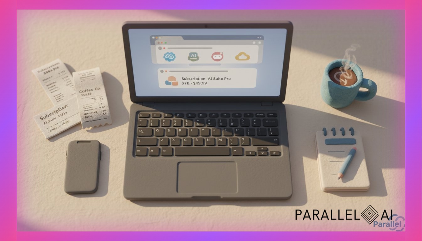 A modern solopreneur's desk workspace viewed from above, showcasing multiple browser tabs on a sleek laptop screen with various AI tool logos, scattered subscription bills and receipts in soft pastel colors, a clean minimal aesthetic with warm natural lighting streaming from the left, gentle shadows creating depth, organized chaos composition with the laptop as the focal point, surrounded by a smartphone, notebook, and coffee cup, incorporate the Parallel AI logo subtly in the bottom right corner maintaining brand presence, use soft matte textures and handcrafted claymation style elements for the physical objects, warm inviting color palette of cream, soft pink, and muted blue tones, shallow depth of field with the laptop screen in sharp focus, professional yet approachable mood that balances technological complexity with human warmth, in AirBNB claymation style, soft pastel color palette with warm tones, gentle and playful textures, diffused natural lighting, balanced composition with centered focus, matte finish with handcrafted feel, warm inviting mood blending technological innovation with cozy charm --ar 16:9 --style raw --v 6 professional aesthetic of a modern AI platform, in AirBNB claymation style, soft pastel color palette with warm tones, gentle and playful textures, diffused natural lighting, balanced composition with centered focus, matte finish with handcrafted feel, warm inviting mood blending technological innovation with cozy charm --ar 16:9 --style raw --v 6 (with template: New Frame)