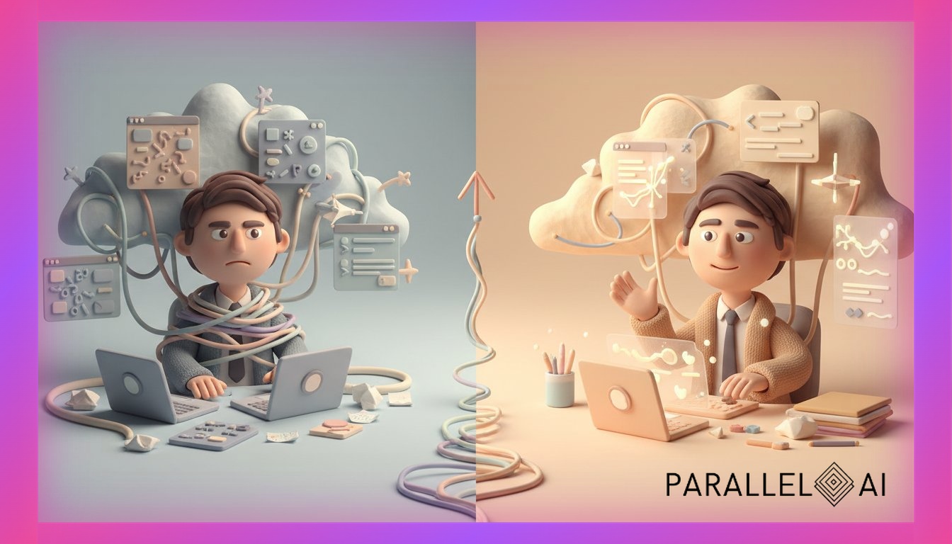 A dramatic split-screen visualization showing contrasting AI implementation outcomes: on the left side, a stressed solopreneur surrounded by tangled wires, scattered papers, and multiple conflicting software interfaces in chaotic disarray, rendered in cool grays and muted blues; on the right side, the same solopreneur confidently working in a clean, organized workspace with streamlined AI automation flowing smoothly, rendered in warm, successful tones. The composition uses cinematic lighting with soft shadows, creating depth and emotional resonance. The center dividing line features a subtle ascending arrow or pathway suggesting transformation. The overall style maintains a modern, professional aesthetic with a touch of approachable warmth, avoiding overly technical or cold corporate visuals. Visual metaphors include: tangled complexity transforming into elegant simplicity, chaos evolving into clarity. The scene should feel relatable to small business owners while maintaining aspirational quality, professional aesthetic of a modern AI platform, in AirBNB claymation style, soft pastel color palette with warm tones, gentle and playful textures, diffused natural lighting, balanced composition with centered focus, matte finish with handcrafted feel, warm inviting mood blending technological innovation with cozy charm --ar 16:9 --style raw --v 6 (with template: New Frame)