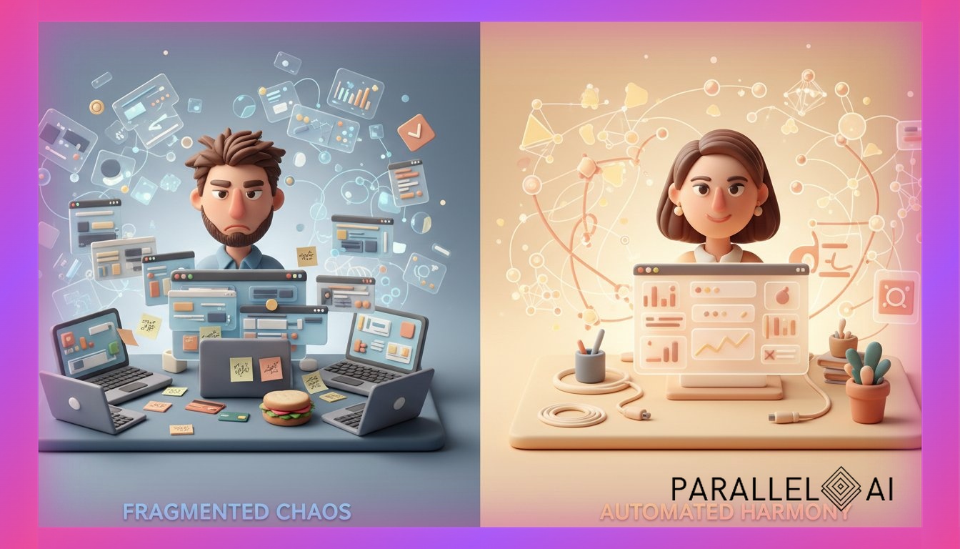 A split-screen comparison showing a frustrated solopreneur surrounded by multiple overlapping software windows and browser tabs on the left side (representing tool fragmentation), contrasted with a calm, organized workspace with a single unified dashboard on the right side (representing automation efficiency). The left side should feel chaotic with scattered sticky notes, multiple credit cards, and a cluttered desk in cool blues and grays. The right side should feel serene with clean lines, organized workspace, and warm productive lighting in soft pastels. Include subtle AI interface elements and data visualizations floating in the background. Shot from a slightly elevated angle to show the workspace comparison clearly. Modern tech aesthetic with clay-like textures for a friendly, approachable feel. professional aesthetic of a modern AI platform, in AirBNB claymation style, soft pastel color palette with warm tones, gentle and playful textures, diffused natural lighting, balanced composition with centered focus, matte finish with handcrafted feel, warm inviting mood blending technological innovation with cozy charm --ar 16:9 --style raw --v 6 (with template: New Frame)