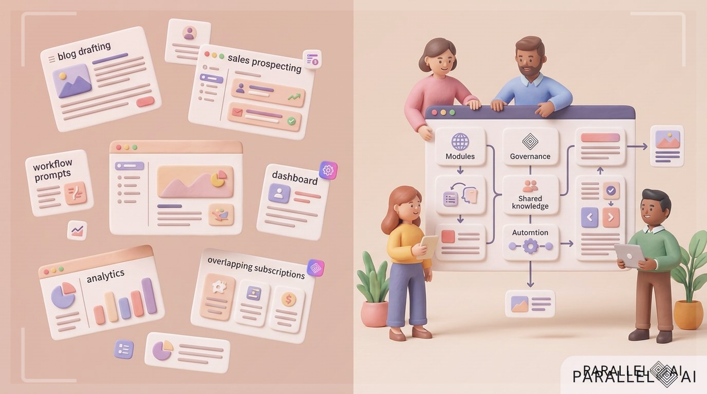 Create a polished blog hero illustration showing a growth-stage GTM team trapped between a fragmented AI tool stack and a unified AI workspace. The scene is split conceptually: on the left, scattered floating panels for blog drafting, sales prospecting, workflow prompts, analytics, and overlapping subscriptions create mild visual clutter; on the right, these functions resolve into one clean, centralized AI operating layer with connected modules, shared knowledge, governance controls, automation flows, and consistent outputs. Use abstract UI cards, simplified dashboards, and soft symbolic elements rather than readable product text. Feature 3–4 stylized team members from marketing, sales, ops, and leadership collaborating calmly around the unified side, conveying speed, alignment, and trust. Keep the composition balanced and centered with a clear visual transition from sprawl to simplicity. Use the brand logo reference image 8b140530-12fe-482f-ae42-fae2a2bbdc74 for subtle brand consistency and place it at the bottom right as a small tasteful mark suited for a light background. Reference image 8f6f4f96-bbbe-4919-9a94-3b2cd9ca7ec2 can inform minimal icon styling and brand-adjacent visual language in small interface accents, without dominating the scene. professional aesthetic of a modern AI platform, in AirBNB claymation style, soft pastel color palette with warm tones, gentle and playful textures, diffused natural lighting, balanced composition with centered focus, matte finish with handcrafted feel, warm inviting mood blending technological innovation with cozy charm --ar 16:9 --style raw --v 6 (with template: New Frame)
