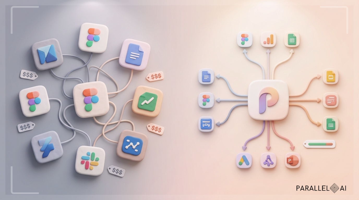 An abstract visualization comparing two scenarios side-by-side: on the left, a chaotic collection of 5-6 disconnected software tool icons floating in disarray with tangled connection lines between them; on the right, a single, elegant unified platform icon with clean, organized data flows radiating outward in harmony. Use a soft gradient background transitioning from cluttered grey-blue tones on the left to warm peachy-cream tones on the right. Incorporate the claymation aesthetic with rounded, tactile 3D forms that feel handcrafted. Each tool icon should have soft shadows and matte textures. The unified platform should subtly incorporate Parallel AI's color palette and visual language. Include small visual indicators like price tags ($$$) on the left side showing cost accumulation, and a single streamlined price indicator on the right. Soft, diffused lighting from above creating a gentle, professional mood. The composition should be balanced and centered with clear visual hierarchy leading the eye from chaos to order. Professional aesthetic of a modern AI platform, in AirBNB claymation style, soft pastel color palette with warm tones, gentle and playful textures, diffused natural lighting, balanced composition with centered focus, matte finish with handcrafted feel, warm inviting mood blending technological innovation with cozy charm --ar 16:9 --style raw --v 6 professional aesthetic of a modern AI platform, in AirBNB claymation style, soft pastel color palette with warm tones, gentle and playful textures, diffused natural lighting, balanced composition with centered focus, matte finish with handcrafted feel, warm inviting mood blending technological innovation with cozy charm --ar 16:9 --style raw --v 6 (with template: New Frame)