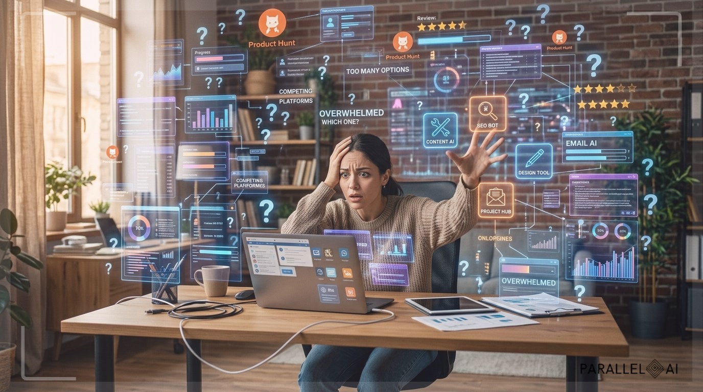 A solopreneur sitting at a modern desk surrounded by floating holographic AI tool interfaces and question marks, looking overwhelmed and confused, chaotic scene with too many options and competing platforms creating visual noise, warm natural lighting from a window, person reaching out trying to grasp different tools that are just out of reach, digital clutter and information overload visualization, scattered product hunt logos and review stars creating a maze-like atmosphere, photorealistic style with cinematic depth of field, muted professional color palette showing frustration and decision fatigue, wide shot showing the scale of the problem, professional aesthetic of a modern AI platform, in AirBNB claymation style, soft pastel color palette with warm tones, gentle and playful textures, diffused natural lighting, balanced composition with centered focus, matte finish with handcrafted feel, warm inviting mood blending technological innovation with cozy charm --ar 16:9 --style raw --v 6 (with template: New Frame)