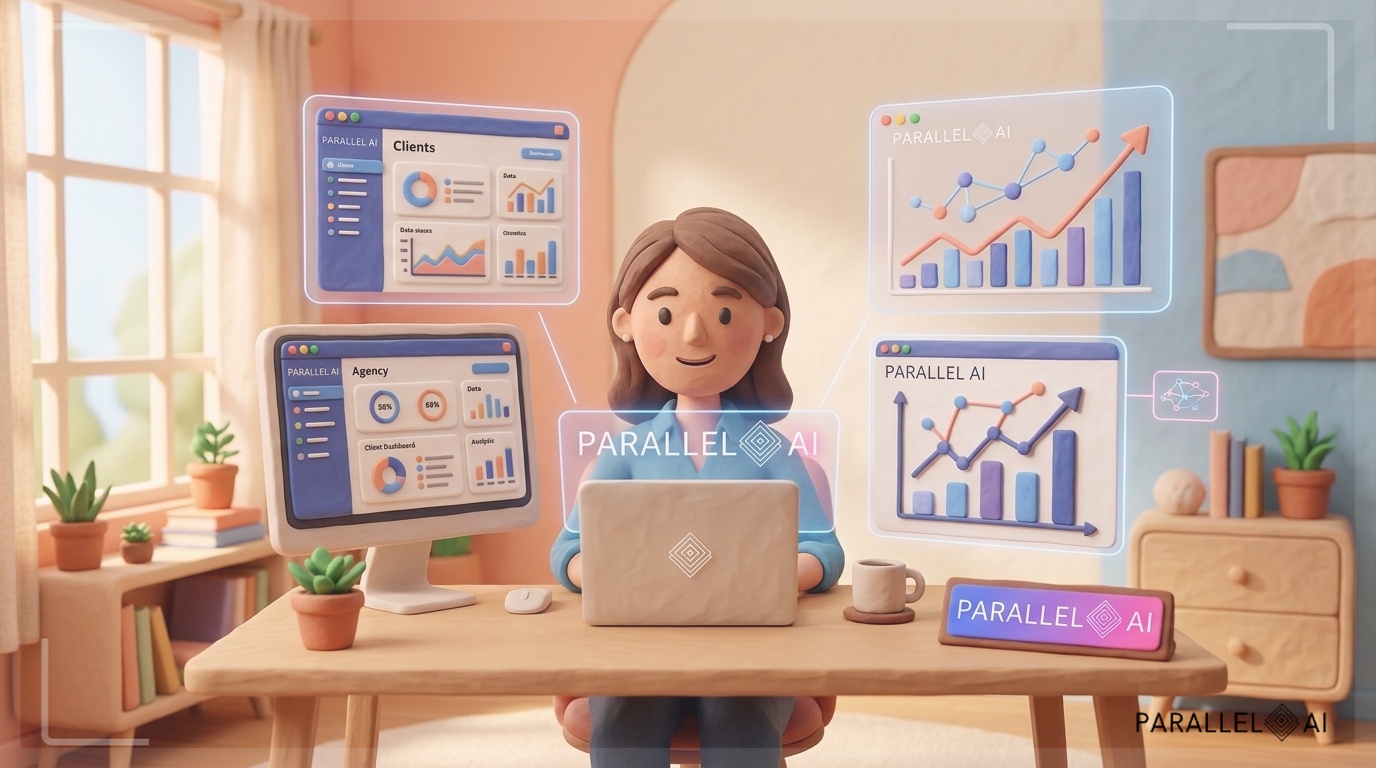 A solopreneur sitting at a modern minimalist desk with multiple AI platform interfaces glowing softly on screens around them, representing white-label AI solutions and digital business growth. The scene shows someone confidently managing their AI agency with minimal infrastructure. Include visual elements of upward growth charts and interconnected AI systems. Shot in the professional aesthetic of a modern AI platform, in Airbnb claymation style, soft pastel color palette with warm tones, gentle and playful textures, diffused natural lighting, balanced composition with centered focus, matte finish with handcrafted feel, warm inviting mood blending technological innovation with cozy charm --ar 16:9 --style raw --v 6 professional aesthetic of a modern AI platform, in AirBNB claymation style, soft pastel color palette with warm tones, gentle and playful textures, diffused natural lighting, balanced composition with centered focus, matte finish with handcrafted feel, warm inviting mood blending technological innovation with cozy charm --ar 16:9 --style raw --v 6 (with template: New Frame)