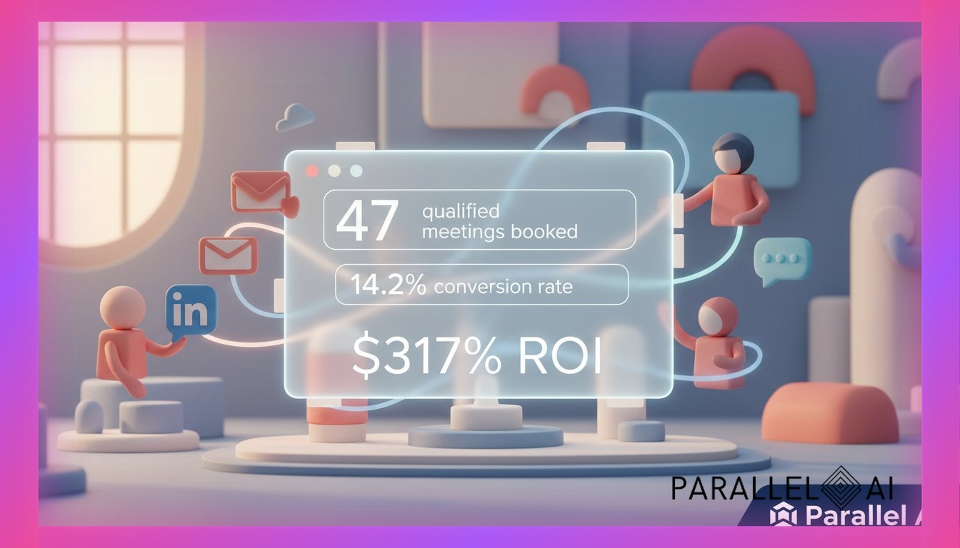 A sophisticated AI-powered sales command center visualization showing multiple autonomous agents working simultaneously across different channels. The scene features a glowing holographic interface displaying real-time sales metrics, with animated data streams showing '47 qualified meetings booked' and '14.2% conversion rate' prominently. Multiple virtual agent avatars are depicted working on different platforms - email, LinkedIn, and chat - with soft light trails connecting them. The composition uses a modern, clean aesthetic with a soft pastel color palette dominated by gentle blues, warm coral tones, and creamy whites. Incorporate a subtle claymation texture to give a handcrafted, approachable feel that makes advanced AI technology feel accessible. The central dashboard shows the '$317% ROI' metric in an elegant, modern font. Diffused natural lighting creates a warm, inviting atmosphere with gentle shadows. The background features abstract geometric shapes suggesting automation and efficiency, rendered in a matte finish. Place the Parallel AI logo (dark mode version) in the bottom right corner to establish brand presence while maintaining the focus on the AI sales transformation narrative, in AirBNB claymation style, soft pastel color palette with warm tones, gentle and playful textures, diffused natural lighting, balanced composition with centered focus, matte finish with handcrafted feel, warm inviting mood blending technological innovation with cozy charm --ar 16:9 --style raw --v 6 professional aesthetic of a modern AI platform, in AirBNB claymation style, soft pastel color palette with warm tones, gentle and playful textures, diffused natural lighting, balanced composition with centered focus, matte finish with handcrafted feel, warm inviting mood blending technological innovation with cozy charm --ar 16:9 --style raw --v 6 (with template: New Frame)
