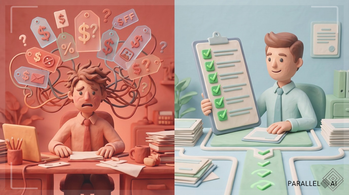 A split-screen composition showing confusion versus clarity in AI platform selection: left side shows a frustrated solopreneur surrounded by floating holographic price tags, hidden fees symbols, and tangled integration wires in chaotic red and orange tones; right side shows the same person confidently reviewing a clean checklist with seven illuminated checkmarks, organized documents, and clear pathways in calming blue and green tones. The scene is rendered in AirBNB claymation style with soft pastel color palette, gentle handcrafted textures, warm inviting lighting that creates depth, centered composition with balanced visual weight between chaos and clarity, matte finish with playful yet professional feel that blends technological concepts with cozy charm, subtle Parallel AI branding element in bottom right corner. professional aesthetic of a modern AI platform, in AirBNB claymation style, soft pastel color palette with warm tones, gentle and playful textures, diffused natural lighting, balanced composition with centered focus, matte finish with handcrafted feel, warm inviting mood blending technological innovation with cozy charm --ar 16:9 --style raw --v 6 (with template: New Frame)