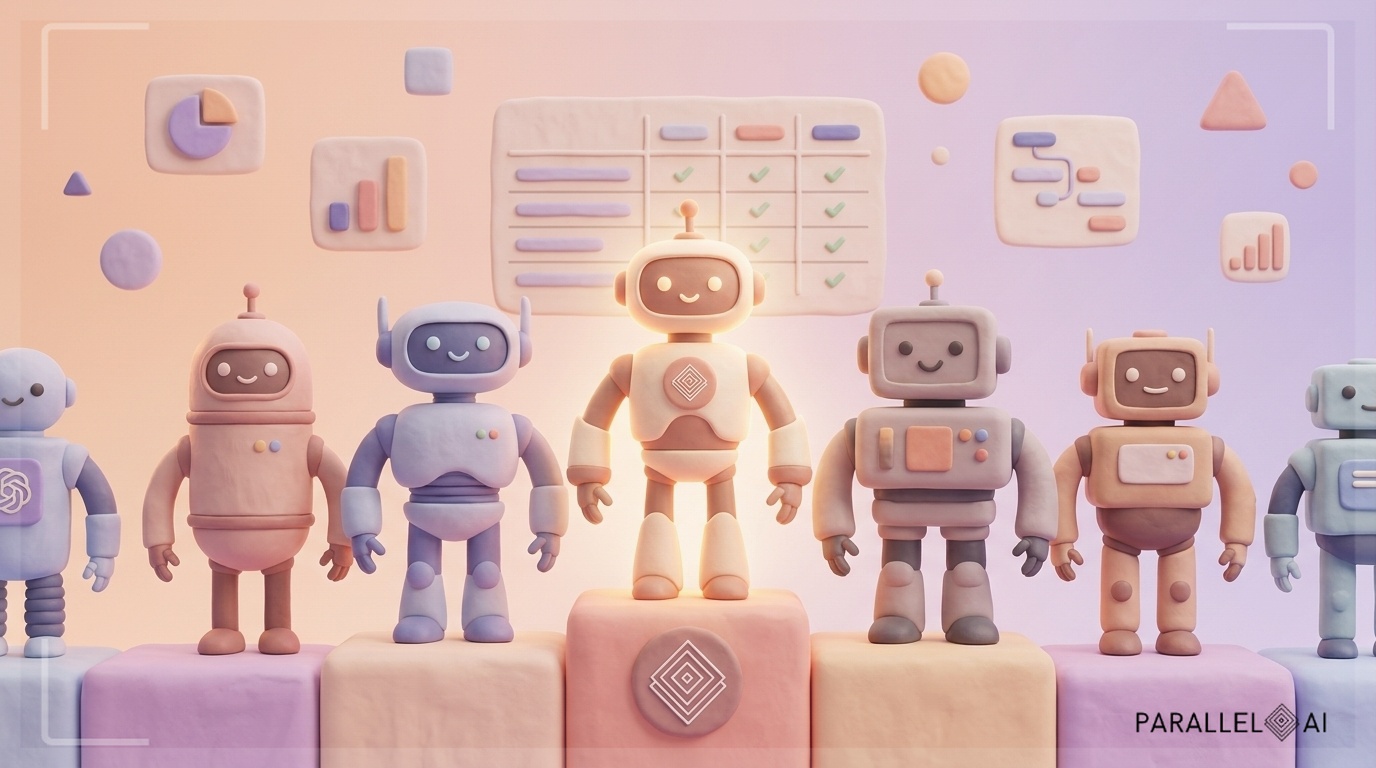 A wide hero scene of multiple friendly clay-like robot or AI agent figures standing side by side on a soft pastel platform, each slightly different in design to represent distinct AI platforms competing in the same space — one central figure glows warmer and stands slightly taller, subtly representing Parallel AI as the standout choice. The background features a gentle gradient of warm peach and lavender tones with soft floating geometric shapes suggesting data flows and workflows. A subtle comparison chart element rendered in clay texture floats in the mid-ground, evoking a 'side-by-side' competitive analysis theme. Incorporate the Parallel AI icon (brand image 8f6f4f96-bbbe-4919-9a94-3b2cd9ca7ec2) as a badge or emblem on the central figure's platform to anchor brand recognition. professional aesthetic of a modern AI platform, in AirBNB claymation style, soft pastel color palette with warm tones, gentle and playful textures, diffused natural lighting, balanced composition with centered focus, matte finish with handcrafted feel, warm inviting mood blending technological innovation with cozy charm --ar 16:9 --style raw --v 6 (with template: New Frame)