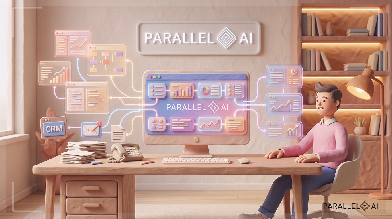 A modern entrepreneur sitting at a clean desk surrounded by glowing holographic AI dashboards and workflow diagrams floating in the air. The scene shows multiple interconnected tools seamlessly merging into one unified platform, visualizing the white-label AI solution. Warm desk lamp casting soft light, minimalist workspace with tech elements, but with an inviting, human-centered feel. Show the transformation from fragmented tools (left side, cluttered) to organized unified system (right side, clean). Professional yet approachable atmosphere that appeals to non-technical business owners. Incorporate soft pastel tones with warm accents, gentle lighting, and a balance between technological sophistication and cozy, welcoming charm, professional aesthetic of a modern AI platform, in AirBNB claymation style, soft pastel color palette with warm tones, gentle and playful textures, diffused natural lighting, balanced composition with centered focus, matte finish with handcrafted feel, warm inviting mood blending technological innovation with cozy charm --ar 16:9 --style raw --v 6 (with template: New Frame)