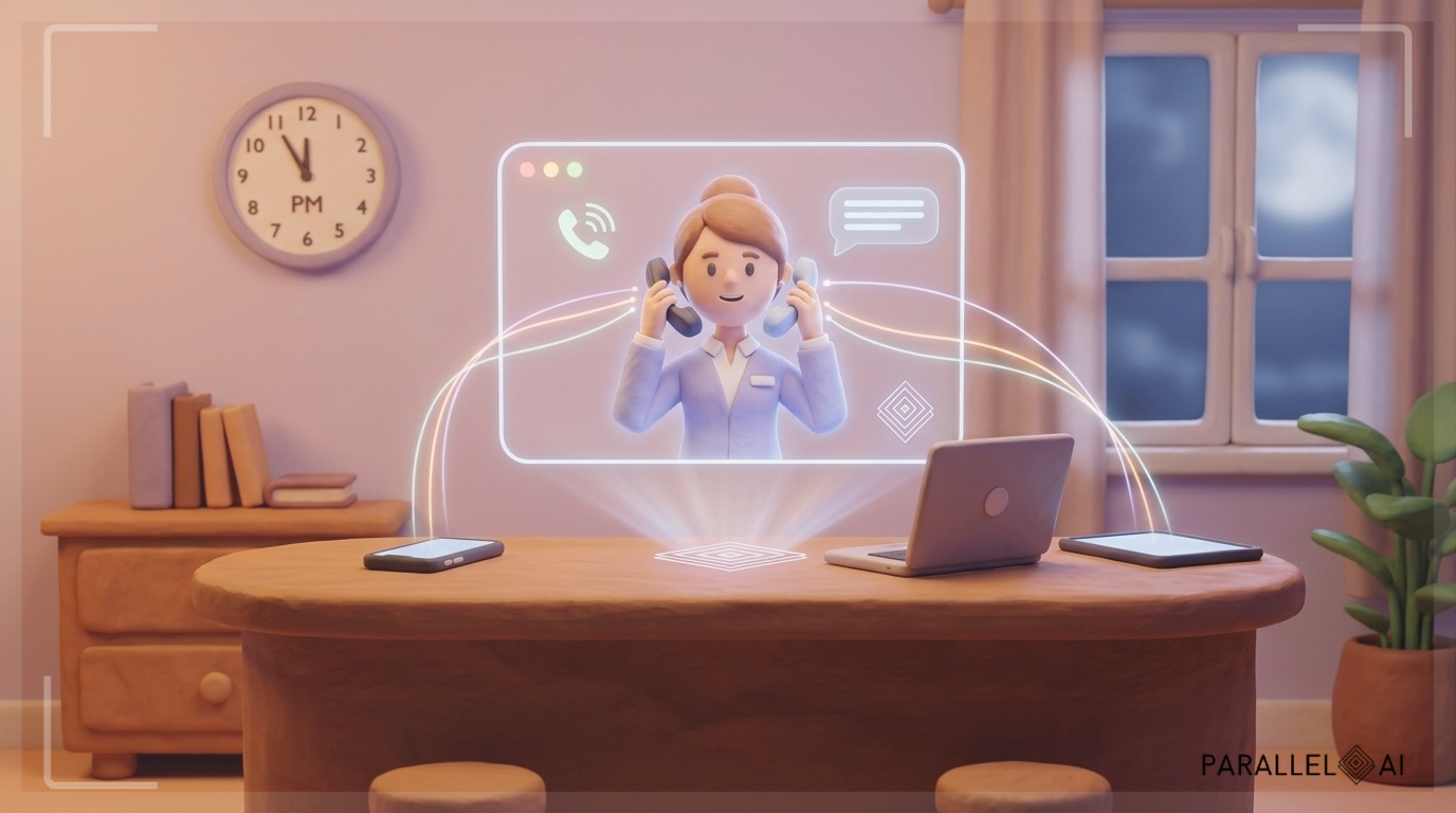 A warm, inviting claymation-style scene depicting a glowing AI receptionist interface floating above a small business front desk late at night, clock showing 11:47 PM visible on a soft pastel wall, a friendly holographic figure answering multiple phone calls simultaneously with gentle light trails connecting devices — smartphone, laptop, and tablet — all seamlessly linked. The Parallel AI logo icon (referencing brand image 8f6f4f96-bbbe-4919-9a94-3b2cd9ca7ec2) appears subtly integrated into the holographic display surface. Rich matte textures, rounded clay-like forms for furniture and tech objects, warm amber and soft lavender tones, diffused moonlight through a window blending with soft screen glow. Mood: cozy yet futuristic, confident, and approachable. professional aesthetic of a modern AI platform, in AirBNB claymation style, soft pastel color palette with warm tones, gentle and playful textures, diffused natural lighting, balanced composition with centered focus, matte finish with handcrafted feel, warm inviting mood blending technological innovation with cozy charm --ar 16:9 --style raw --v 6 (with template: New Frame)