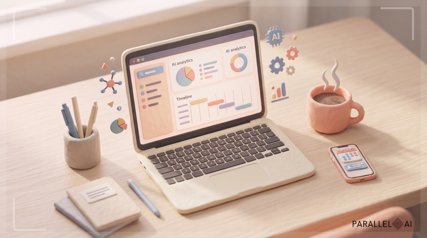 A modern consultant's desk workspace viewed from above, featuring a sleek laptop displaying colorful AI analytics dashboards and timeline charts, surrounded by minimal office supplies, a steaming coffee cup, and a smartphone showing calendar notifications. The scene uses a warm, inviting color palette with soft pastel tones - peach, cream, and muted blues. Natural daylight streams from the left creating gentle shadows, while the laptop screen glows softly. Include subtle 3D elements with a claymation-style texture - perhaps small geometric shapes or icons floating near the laptop representing AI concepts. The composition is balanced and centered, with a matte finish that feels handcrafted and approachable rather than sterile corporate. The overall mood blends technological sophistication with cozy, human-scale charm, making AI implementation feel accessible and manageable. Shot with shallow depth of field focusing on the laptop screen, professional aesthetic of a modern AI platform, in AirBNB claymation style, soft pastel color palette with warm tones, gentle and playful textures, diffused natural lighting, balanced composition with centered focus, matte finish with handcrafted feel, warm inviting mood blending technological innovation with cozy charm --ar 16:9 --style raw --v 6 (with template: New Frame)