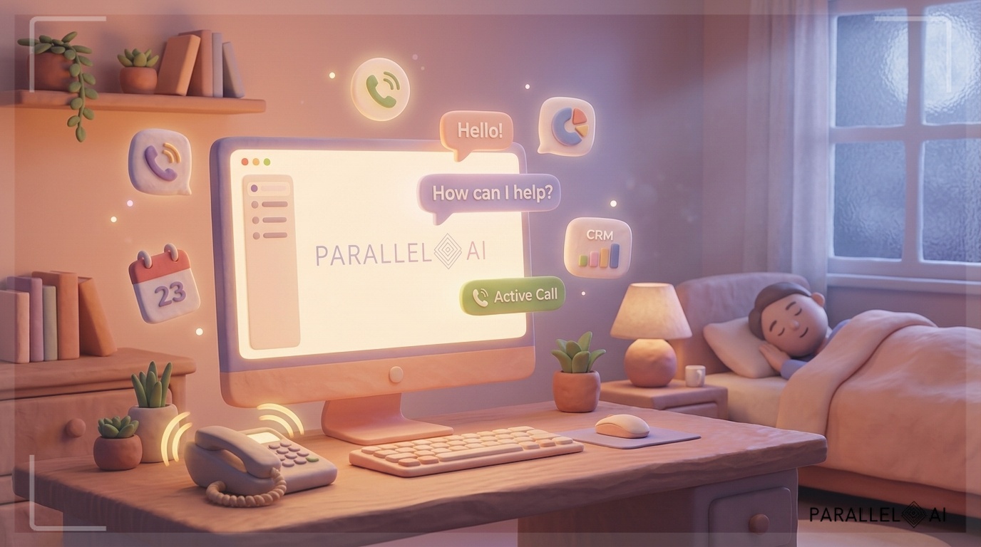A cozy, modern home office scene at nighttime, glowing warmly from a desktop screen, an AI-powered virtual receptionist interface visible on the monitor with soft speech bubbles and call indicators floating gently in the air, a ringing phone on the desk with a subtle golden glow, calendar and CRM dashboard icons softly orbiting the screen like friendly satellites, small business owner sleeping peacefully in the background suggesting automation working without them, claymation-style 3D render with rounded soft shapes and handcrafted textures, the Parallel AI logo subtly embedded on the glowing monitor screen as a brand watermark, warm peach and lavender pastel tones filling the room, diffused moonlight through a window mixing with screen glow, cozy and reassuring mood emphasizing 24/7 reliability and peace of mind. professional aesthetic of a modern AI platform, in AirBNB claymation style, soft pastel color palette with warm tones, gentle and playful textures, diffused natural lighting, balanced composition with centered focus, matte finish with handcrafted feel, warm inviting mood blending technological innovation with cozy charm --ar 16:9 --style raw --v 6 (with template: New Frame)