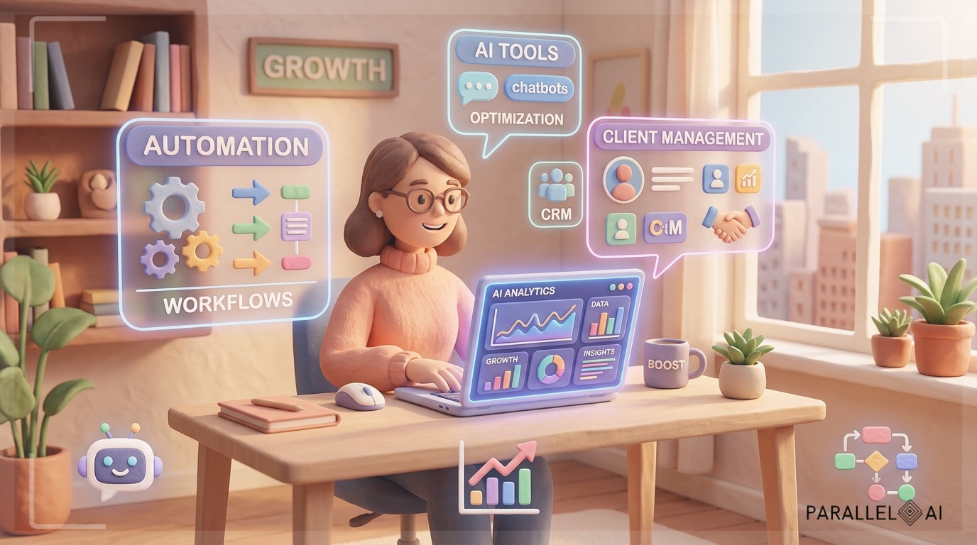 A sleek modern workspace showing an entrepreneur at a minimalist desk with a glowing laptop screen displaying AI dashboards and analytics, surrounded by floating holographic interface elements representing automation, client management, and AI tools. The scene features soft ambient lighting from a large window with warm afternoon sunlight streaming in, creating a productive and innovative atmosphere. In the foreground, subtle icons float representing key agency resources - chatbots, automation workflows, and analytics graphs. The composition should feel empowering and achievable, with clean lines and an organized aesthetic that conveys efficiency and smart business growth. Color palette should include warm tones with pops of technology blues and purples. Professional aesthetic of a modern AI platform, in AirBNB claymation style, soft pastel color palette with warm tones, gentle and playful textures, diffused natural lighting, balanced composition with centered focus, matte finish with handcrafted feel, warm inviting mood blending technological innovation with cozy charm --ar 16:9 --style raw --v 6 professional aesthetic of a modern AI platform, in AirBNB claymation style, soft pastel color palette with warm tones, gentle and playful textures, diffused natural lighting, balanced composition with centered focus, matte finish with handcrafted feel, warm inviting mood blending technological innovation with cozy charm --ar 16:9 --style raw --v 6 (with template: New Frame)