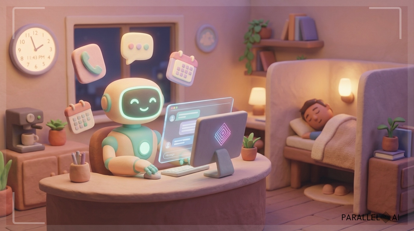 A claymation-style diorama scene set at night (11:43 PM visible on a soft glowing clock), showing a cozy small business office with warm pastel amber and lavender lighting. In the foreground, a friendly AI receptionist robot with a gentle smile sits at a rounded reception desk, glowing softly in teal and warm white, actively answering a chat on a holographic screen while a human team member sleeps peacefully in the background. Multiple communication channels — phone, chat bubble, calendar icon — float playfully around the robot in soft pastel colors. The composition is centered and balanced, with a matte handcrafted texture throughout. A subtle Parallel AI logo icon appears on the receptionist's desk monitor, referencing the brand's icon style with its distinctive background treatment. Warm, inviting mood blending technological innovation with cozy charm. professional aesthetic of a modern AI platform, in AirBNB claymation style, soft pastel color palette with warm tones, gentle and playful textures, diffused natural lighting, balanced composition with centered focus, matte finish with handcrafted feel, warm inviting mood blending technological innovation with cozy charm --ar 16:9 --style raw --v 6 (with template: New Frame)
