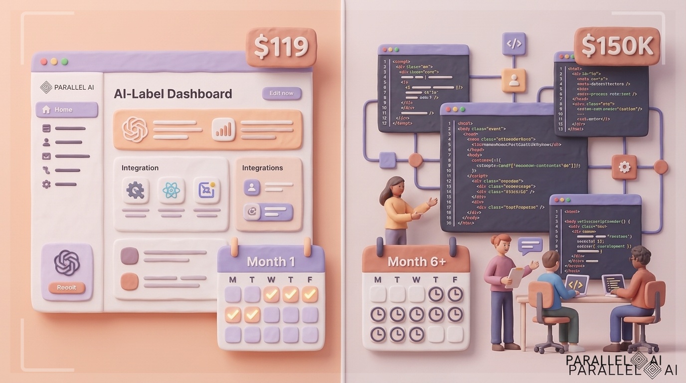 A split-screen visualization showing two contrasting paths for AI implementation: on the left side, a streamlined white-label AI dashboard with clean interface elements, simple integration icons, and a calendar showing 'Month 1' with glowing checkmarks; on the right side, a complex custom development scene with code snippets, multiple team members, interconnected nodes, and a calendar showing 'Month 6+' with clock symbols. The scene uses soft pastel colors with warm peach and lavender tones, claymation-style 3D elements with matte texture, balanced composition with subtle dividing line in center, gentle studio lighting creating soft shadows, floating dollar signs showing $119 vs $150K, professional yet approachable aesthetic blending technology with handcrafted charm, subtle Parallel AI branding element in bottom right corner, professional aesthetic of a modern AI platform, in AirBNB claymation style, soft pastel color palette with warm tones, gentle and playful textures, diffused natural lighting, balanced composition with centered focus, matte finish with handcrafted feel, warm inviting mood blending technological innovation with cozy charm --ar 16:9 --style raw --v 6 (with template: New Frame)