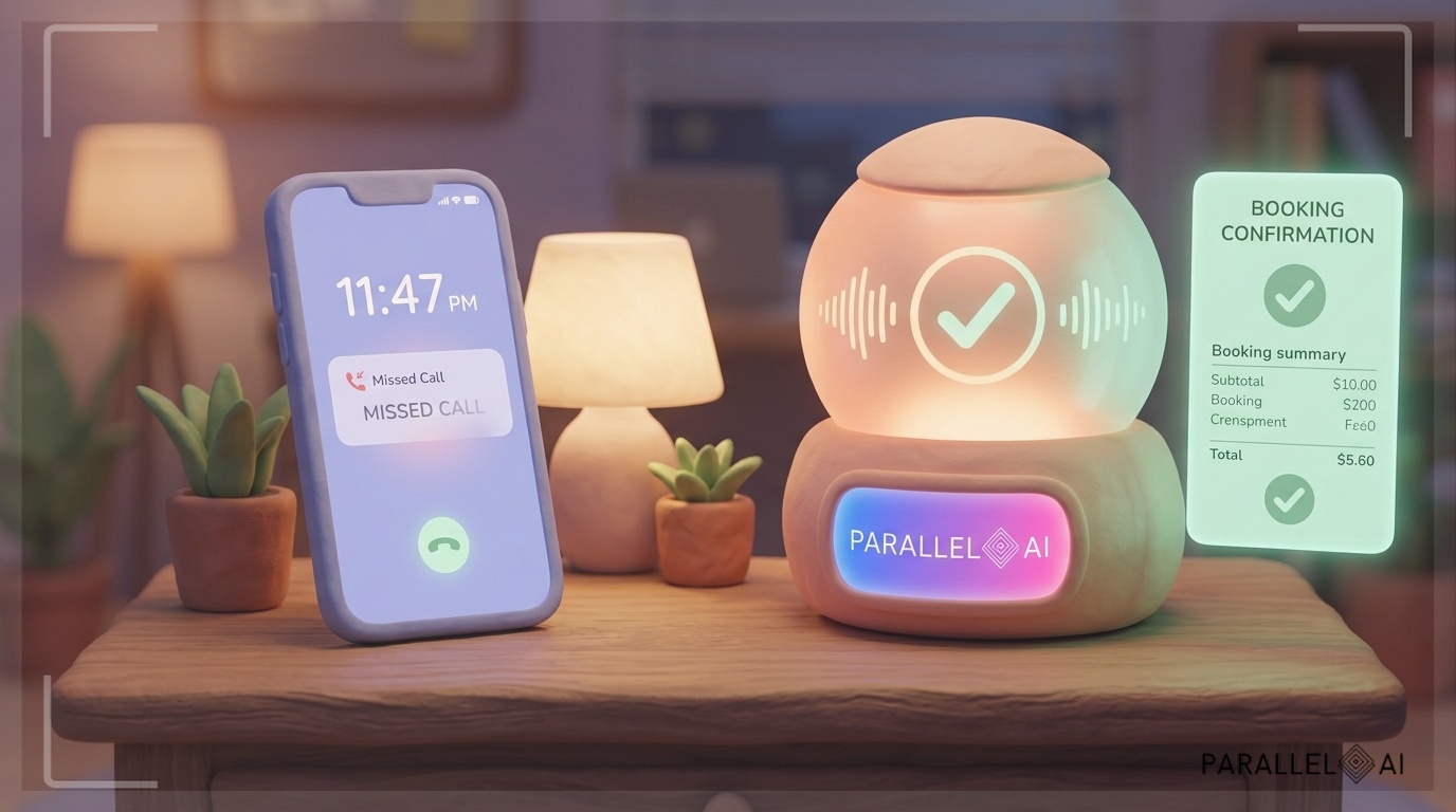 A late-night office scene at 11:47 PM showing a glowing smartphone ringing unanswered on a desk, while on the right side a sleek AI receptionist interface — represented as a friendly, rounded holographic orb or console — seamlessly picks up the call with visual sound waves and a checkmark confirmation. The left side shows a missed call notification fading away, the right side shows a booking confirmation lighting up in warm green. The scene uses soft pastel colors — lavender blues, warm peach, and mint green — with gentle claymation-style textures on all surfaces and objects. The desk has a cozy, handcrafted feel with rounded edges, small potted plants, and diffused warm lamp lighting casting a calm glow. The Parallel AI logo icon with background (style reference: 8f6f4f96-bbbe-4919-9a94-3b2cd9ca7ec2) should be incorporated as a glowing emblem on the AI receptionist console, reinforcing brand identity. Balanced centered composition, matte finish, warm and inviting mood blending technological innovation with cozy charm. professional aesthetic of a modern AI platform, in AirBNB claymation style, soft pastel color palette with warm tones, gentle and playful textures, diffused natural lighting, balanced composition with centered focus, matte finish with handcrafted feel, warm inviting mood blending technological innovation with cozy charm --ar 16:9 --style raw --v 6 (with template: New Frame)