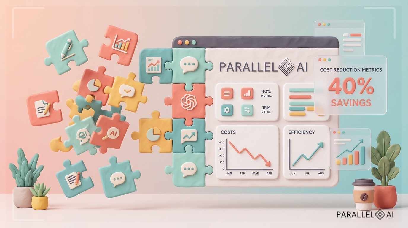 A sleek dashboard interface showing multiple AI tool icons converging into a single unified platform, visualized as colorful fragmented puzzle pieces on the left transforming into a cohesive integrated system on the right. The scene features a clean, modern workspace with floating holographic screens displaying cost reduction metrics (40% savings highlighted). Soft pastel color palette with warm coral and teal accents, gentle gradient backgrounds. The composition shows the before/after transformation dramatically, with scattered tools creating visual chaos on one side versus organized simplicity on the other. Professional yet approachable aesthetic with subtle claymation-style textures on the interface elements, diffused natural lighting creating soft shadows, balanced horizontal composition emphasizing the transformation narrative. Include subtle data visualization elements showing downward cost trends and upward efficiency metrics. The overall mood blends technological sophistication with cozy, accessible charm. professional aesthetic of a modern AI platform, in AirBNB claymation style, soft pastel color palette with warm tones, gentle and playful textures, diffused natural lighting, balanced composition with centered focus, matte finish with handcrafted feel, warm inviting mood blending technological innovation with cozy charm --ar 16:9 --style raw --v 6 (with template: New Frame)