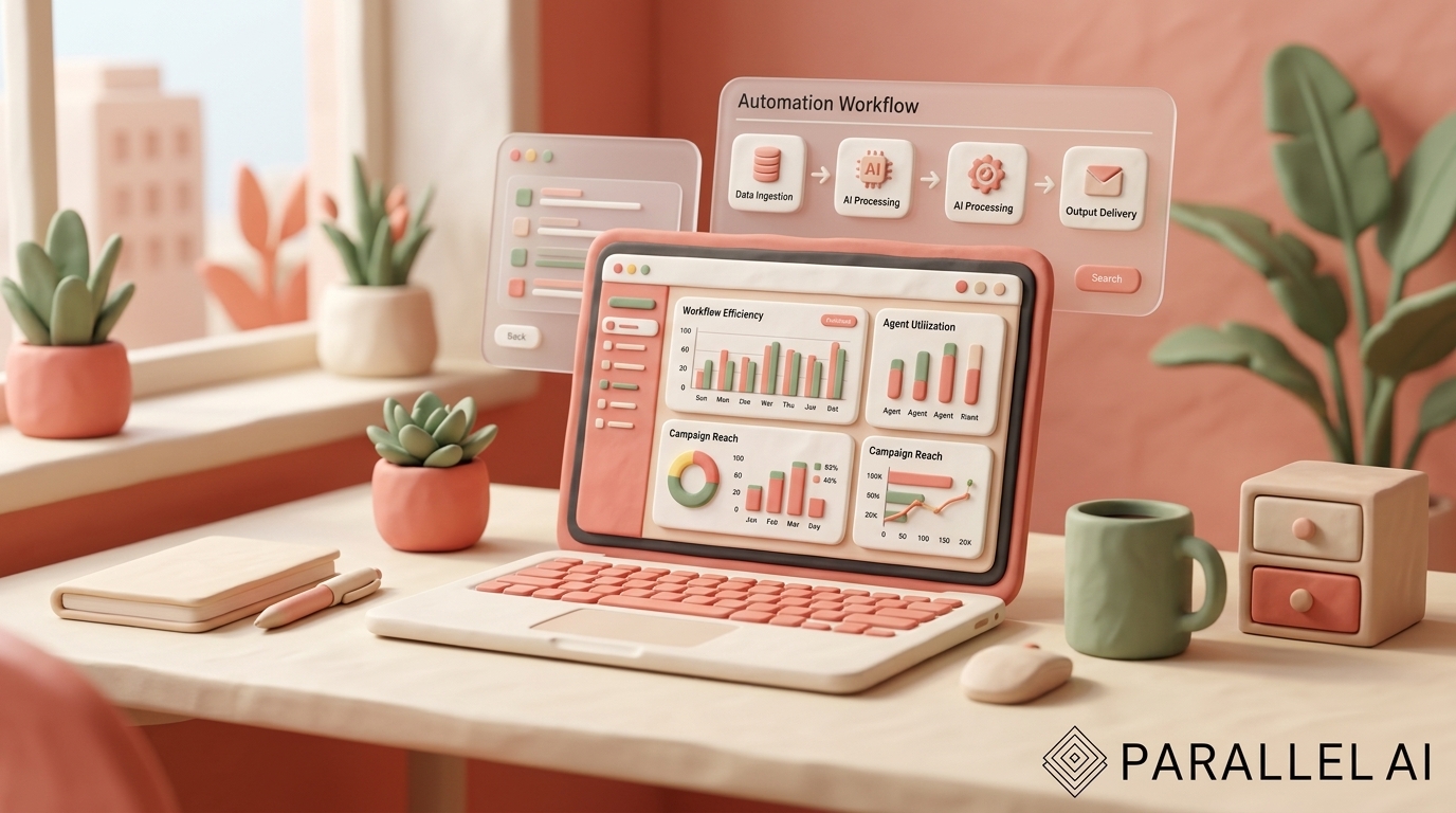 A sophisticated workspace setup showcasing AI agency tools and technology, featuring a clean modern desk with laptop displaying colorful AI dashboards and analytics, floating holographic interface elements showing automation workflows, surrounded by minimalist office accessories, shot from a slightly elevated angle with soft natural window lighting from the left, incorporate the Parallel AI logo subtly in the bottom right corner maintaining dark mode visibility, ultra-detailed claymation style with smooth rounded edges and soft shadows, warm pastel color palette dominated by coral pinks, cream whites, and sage greens, matte textured surfaces with handcrafted ceramic-like quality, shallow depth of field focusing on the central laptop screen, professional yet approachable atmosphere that conveys technological innovation with human warmth, 8k resolution with cinematic composition --ar 16:9 --style raw --v 6 professional aesthetic of a modern AI platform, in AirBNB claymation style, soft pastel color palette with warm tones, gentle and playful textures, diffused natural lighting, balanced composition with centered focus, matte finish with handcrafted feel, warm inviting mood blending technological innovation with cozy charm --ar 16:9 --style raw --v 6
