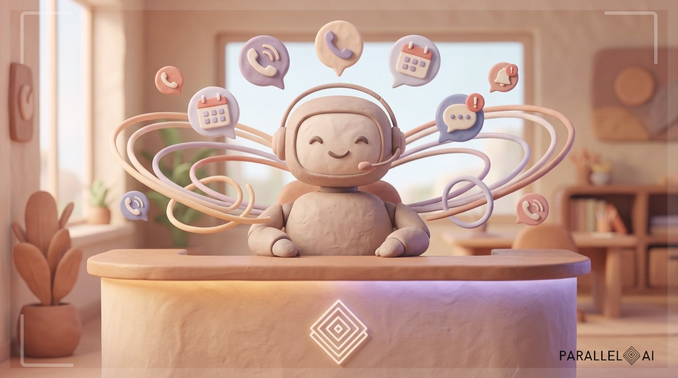 A charming claymation-style scene of a friendly AI receptionist robot with a soft, rounded form sitting at a modern front desk, wearing a gentle smile and a small headset, surrounded by floating phone call icons, calendar bubbles, and chat notification badges. The desk has a warm pastel glow with soft amber and lavender tones. Multiple incoming call rings arc around the figure in playful loops, symbolizing 24/7 call handling. The background features a cozy, stylized office environment with diffused natural light streaming through a window. The Parallel AI logo icon is subtly visible on the desk surface as a glowing emblem, referencing the brand identity. Matte handcrafted texture throughout, balanced centered composition, warm inviting mood blending technological innovation with cozy charm. professional aesthetic of a modern AI platform, in AirBNB claymation style, soft pastel color palette with warm tones, gentle and playful textures, diffused natural lighting, balanced composition with centered focus, matte finish with handcrafted feel, warm inviting mood blending technological innovation with cozy charm --ar 16:9 --style raw --v 6 (with template: New Frame)