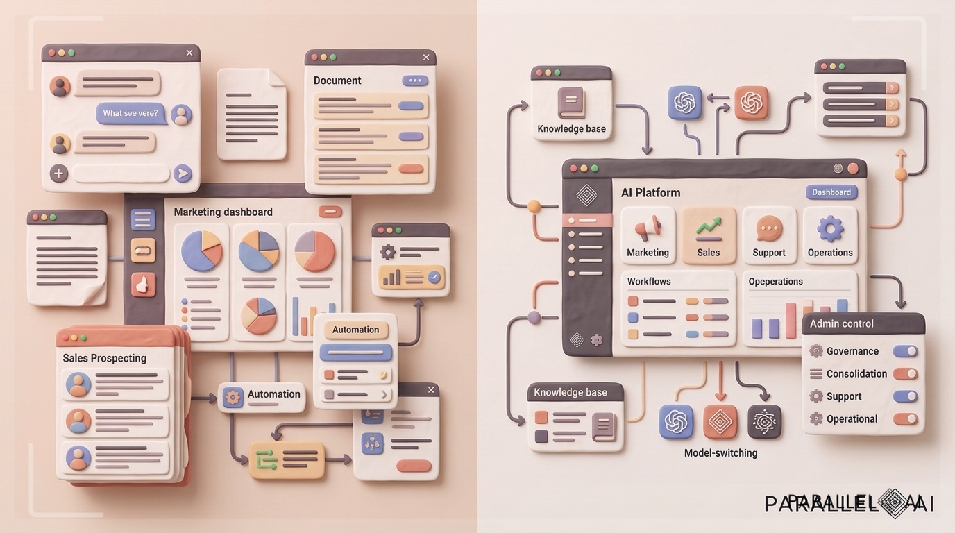 Create a blog hero image illustrating the difference between fragmented AI tool adoption and a unified AI operating layer for B2B teams. Show a modern business workspace scene split into two clear visual zones: on the left, a cluttered arrangement of overlapping AI tools represented as separate floating chat windows, document panels, marketing dashboards, sales prospecting cards, and automation nodes that feel useful but disconnected; on the right, a streamlined centralized AI platform interface orchestrating marketing, sales, support, and operations from one cohesive system. Use abstract workflow lines, connected knowledge base elements, model-switching indicators, and admin control panels to suggest governance, consolidation, and operational scale. Keep the composition clean and editorial, with the unified platform as the visual focal point. Avoid competitor logos or identifiable UI. Use the Parallel AI brand icon as a subtle stylistic reference for simplified iconography and interface accents, and place the dark-mode Parallel AI logo discreetly at the bottom right for brand recognition on the light background. professional aesthetic of a modern AI platform, in AirBNB claymation style, soft pastel color palette with warm tones, gentle and playful textures, diffused natural lighting, balanced composition with centered focus, matte finish with handcrafted feel, warm inviting mood blending technological innovation with cozy charm --ar 16:9 --style raw --v 6 (with template: New Frame)