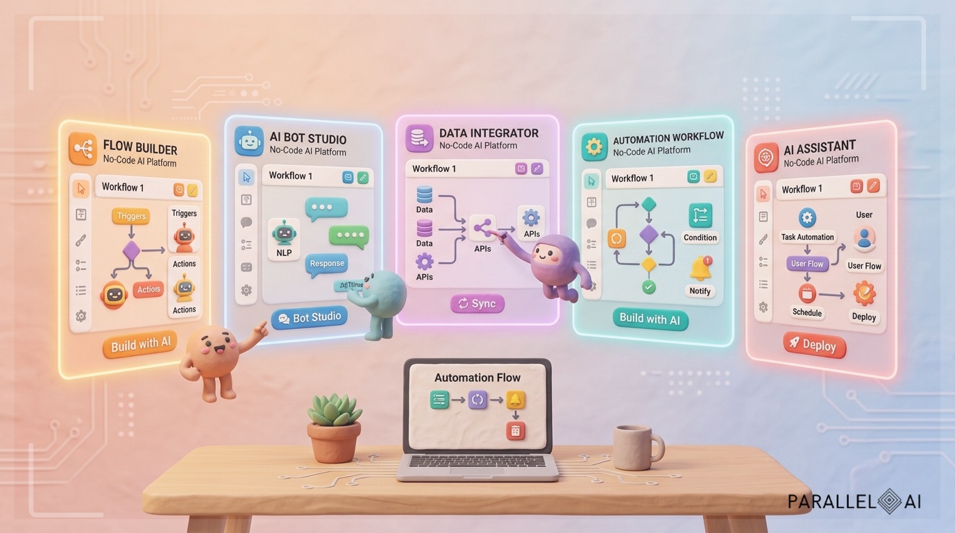 A clean, modern workspace featuring five floating holographic panels displaying different no-code AI platform interfaces, each panel showcasing intuitive drag-and-drop visual builders with colorful workflow diagrams and AI bot icons. The panels are arranged in a dynamic diagonal composition against a soft gradient background transitioning from warm peach to pale blue. In the foreground, a sleek desk with a laptop displaying a simple automation workflow, surrounded by soft ambient lighting and subtle tech elements like circuit patterns that fade into the background. The scene conveys accessibility and simplicity through clean lines, generous white space, and friendly interface elements. Small 3D claymation-style character elements interact with the panels, adding warmth and approachability. Professional aesthetic of a modern AI platform, in AirBNB claymation style, soft pastel color palette with warm tones, gentle and playful textures, diffused natural lighting, balanced composition with centered focus, matte finish with handcrafted feel, warm inviting mood blending technological innovation with cozy charm --ar 16:9 --style raw --v 6 professional aesthetic of a modern AI platform, in AirBNB claymation style, soft pastel color palette with warm tones, gentle and playful textures, diffused natural lighting, balanced composition with centered focus, matte finish with handcrafted feel, warm inviting mood blending technological innovation with cozy charm --ar 16:9 --style raw --v 6 (with template: New Frame)