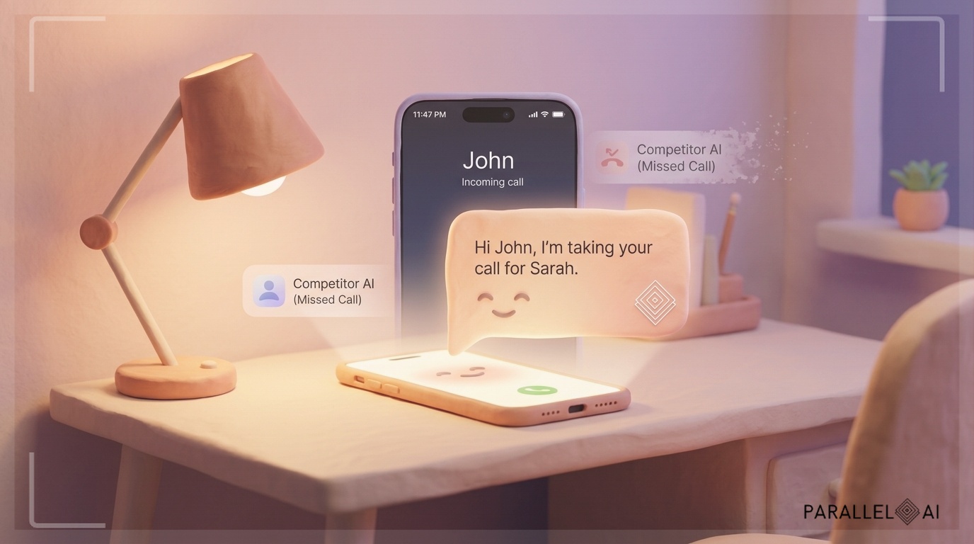 A warmly lit home office scene at 11:47 PM, a glowing smartphone on a modern desk displays an incoming call notification, while a friendly AI receptionist interface — represented as a soft glowing orb or friendly chat bubble — seamlessly handles the call in a cozy digital environment. The scene blends a sense of late-night urgency with calm technological competence. Incorporate the Parallel AI brand icon (ID: 8f6f4f96-bbbe-4919-9a94-3b2cd9ca7ec2) subtly integrated into the digital interface on the screen, styled consistently with the overall composition. Soft pastel warm tones fill the room — peach, lavender, and cream — with gentle ambient light from a desk lamp and the phone screen. A missed opportunity is implied by a faint competitor notification fading into the background. The mood is inviting yet urgent, showing technology stepping in where humans can't. professional aesthetic of a modern AI platform, in AirBNB claymation style, soft pastel color palette with warm tones, gentle and playful textures, diffused natural lighting, balanced composition with centered focus, matte finish with handcrafted feel, warm inviting mood blending technological innovation with cozy charm --ar 16:9 --style raw --v 6 (with template: New Frame)
