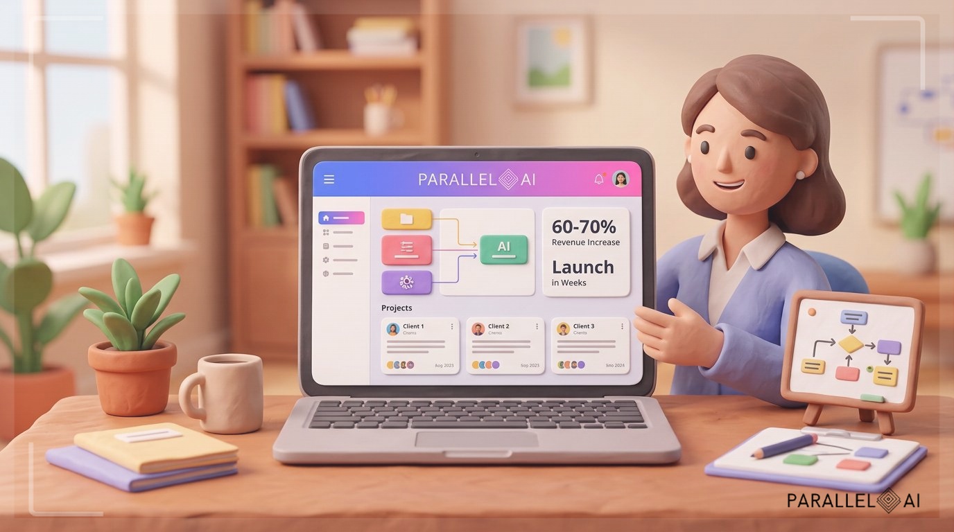 Hero illustration showing a consultant or entrepreneur launching an AI agency dashboard interface on their computer screen. The scene depicts a modern workspace with a laptop displaying colorful AI platform controls and customization options. Include visual elements representing the no-code concept: drag-and-drop interface components, pre-built modules connecting together like building blocks, and simplified workflow diagrams. Show a person confidently managing multiple client projects simultaneously through an intuitive dashboard. Use a professional yet approachable modern aesthetic with clean typography showing key metrics like '60-70% revenue' and 'launch in weeks'. The workspace should feel inviting and achievable, not intimidating. Incorporate warm, soft pastel tones with gentle lighting that emphasizes the technological innovation blended with accessibility and ease. The composition should be balanced with the laptop screen as the focal point, showing the platform's elegant interface design with a handcrafted, refined quality to the visual presentation, professional aesthetic of a modern AI platform, in AirBNB claymation style, soft pastel color palette with warm tones, gentle and playful textures, diffused natural lighting, balanced composition with centered focus, matte finish with handcrafted feel, warm inviting mood blending technological innovation with cozy charm --ar 16:9 --style raw --v 6 (with template: New Frame)