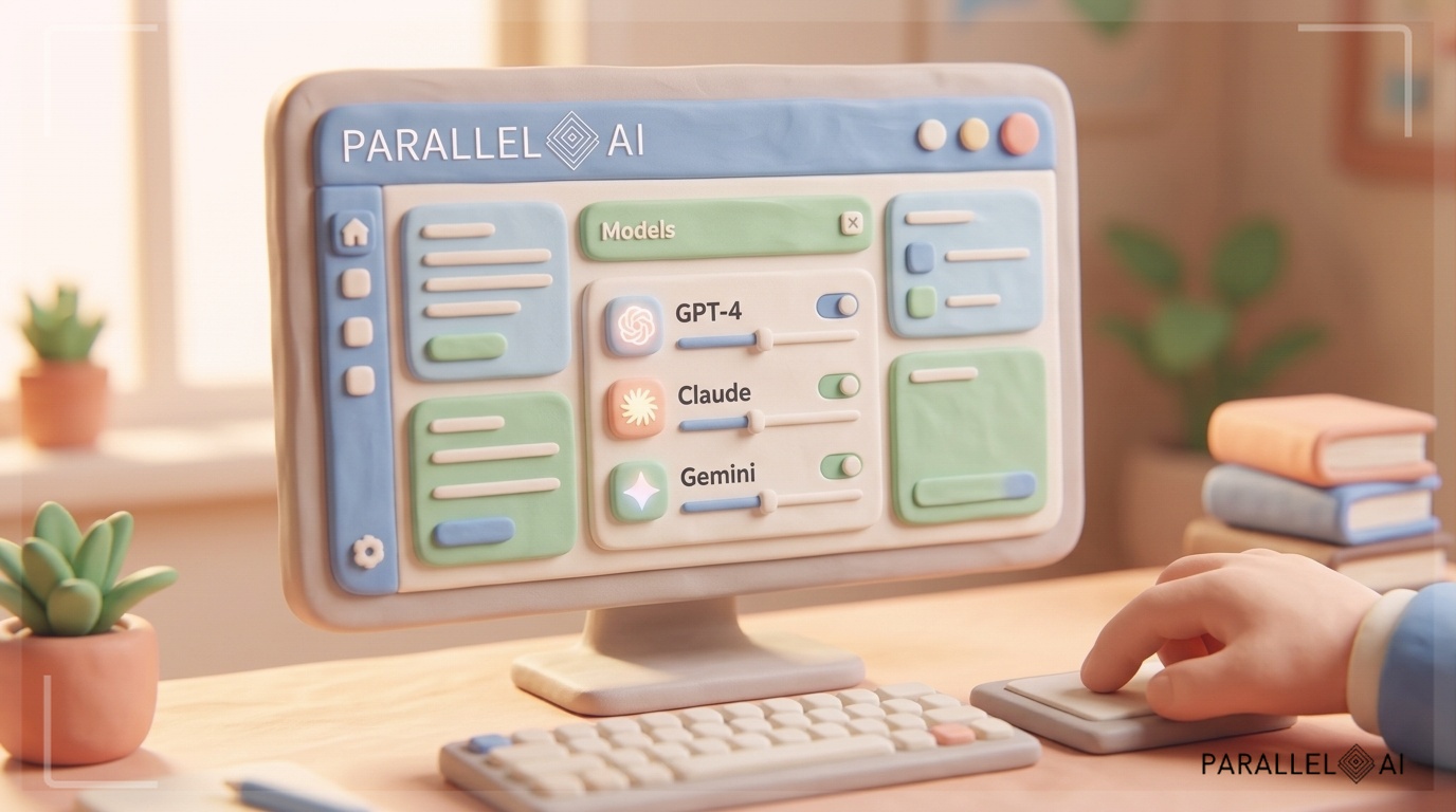 A modern AI dashboard interface showing a white-label platform with multiple AI model options (GPT-4, Claude, Gemini) displayed in an intuitive configuration panel. The screen features a clean, professional layout with soft pastel blues and greens highlighting different service modules. A hand is visible interacting with the dashboard, suggesting ease of use without technical knowledge. The composition centers on the main dashboard with subtle glowing accents around AI model icons. Warm, diffused lighting creates an approachable tech atmosphere. Professional aesthetic of a modern AI platform, in AirBNB claymation style, soft pastel color palette with warm tones, gentle and playful textures, diffused natural lighting, balanced composition with centered focus, matte finish with handcrafted feel, warm inviting mood blending technological innovation with cozy charm --ar 16:9 --style raw --v 6 professional aesthetic of a modern AI platform, in AirBNB claymation style, soft pastel color palette with warm tones, gentle and playful textures, diffused natural lighting, balanced composition with centered focus, matte finish with handcrafted feel, warm inviting mood blending technological innovation with cozy charm --ar 16:9 --style raw --v 6 (with template: New Frame)