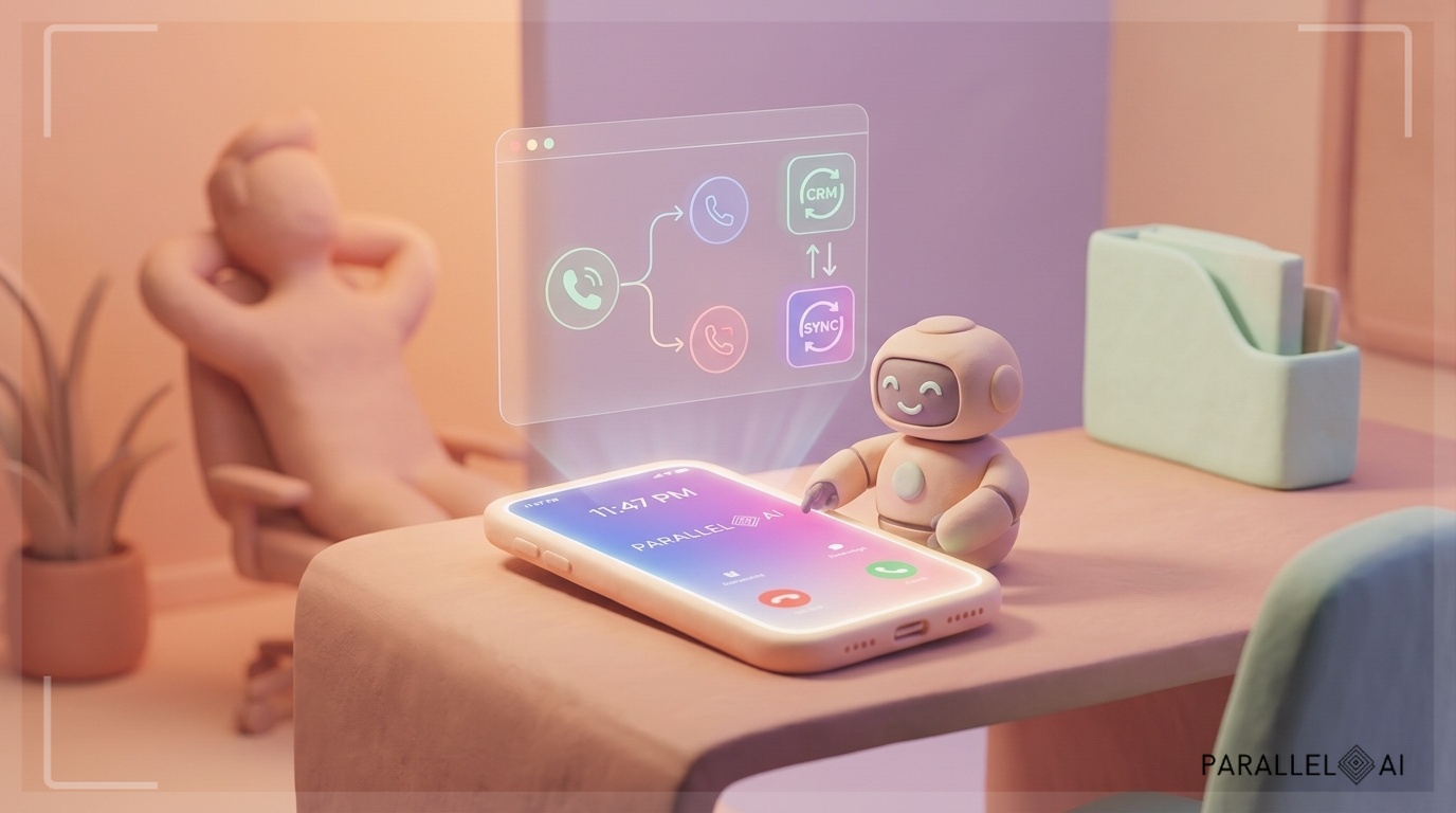 A warmly lit late-night office scene rendered in soft claymation style, showing a glowing smartphone on a modern desk displaying an incoming call at 11:47 PM, with a small friendly AI robot receptionist figure answering the call while a human silhouette in the background relaxes stress-free. The scene features gentle pastel tones — warm peach, lavender, and soft mint — with diffused ambient lighting casting a cozy glow across the matte-textured surfaces. A subtle digital interface with call routing nodes and CRM sync icons floats above the phone in a playful holographic style. The Parallel AI logo icon (warm background version) is naturally integrated into the glowing screen interface, referencing its color palette and rounded aesthetic. Balanced centered composition, handcrafted feel, inviting and innovative mood. professional aesthetic of a modern AI platform, in AirBNB claymation style, soft pastel color palette with warm tones, gentle and playful textures, diffused natural lighting, balanced composition with centered focus, matte finish with handcrafted feel, warm inviting mood blending technological innovation with cozy charm --ar 16:9 --style raw --v 6 (with template: New Frame)