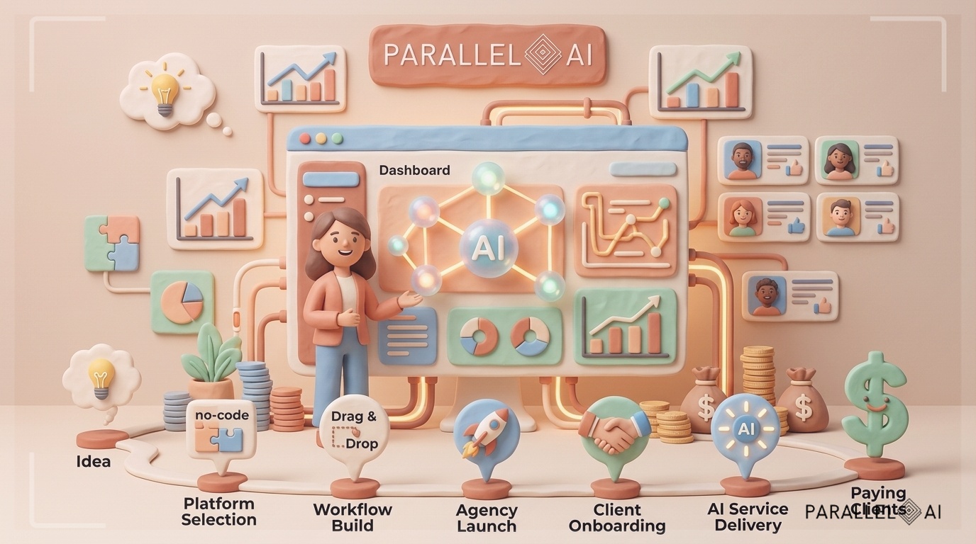 Hero illustration showing an entrepreneur launching an AI agency with zero coding knowledge. Visual metaphor: a simplified dashboard interface with glowing AI nodes and connections, surrounded by business elements (charts, client profiles, revenue streams). The scene depicts the journey from idea to paying clients through 7 connected stages, each represented by a small icon or milestone marker. Set in professional aesthetic of a modern AI platform, in AirBNB claymation style, soft pastel color palette with warm tones, gentle and playful textures, diffused natural lighting, balanced composition with centered focus, matte finish with handcrafted feel, warm inviting mood blending technological innovation with cozy charm --ar 16:9 --style raw --v 6 (with template: New Frame)