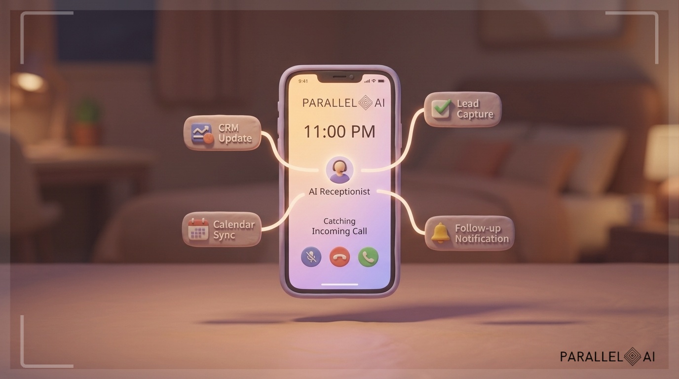 A glowing smartphone floating in a softly lit, cozy nighttime scene showing '11:00 PM' on its screen, with an AI receptionist interface visually catching an incoming call. Warm amber and lavender pastel light emanates from the device, casting gentle shadows on a smooth matte surface below. Surrounding the phone are small clay-like floating bubbles representing CRM updates, calendar syncs, lead captures, and follow-up notifications — all seamlessly connected by soft glowing lines. The composition is centered and balanced, conveying an intelligent, always-on automated workflow. The Parallel AI logo (icon with background) appears subtly integrated into the interface on the phone screen, reinforcing brand identity. Professional aesthetic of a modern AI platform, in AirBNB claymation style, soft pastel color palette with warm tones, gentle and playful textures, diffused natural lighting, balanced composition with centered focus, matte finish with handcrafted feel, warm inviting mood blending technological innovation with cozy charm --ar 16:9 --style raw --v 6 professional aesthetic of a modern AI platform, in AirBNB claymation style, soft pastel color palette with warm tones, gentle and playful textures, diffused natural lighting, balanced composition with centered focus, matte finish with handcrafted feel, warm inviting mood blending technological innovation with cozy charm --ar 16:9 --style raw --v 6 (with template: New Frame)