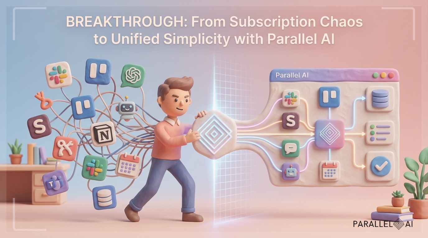 A visual representation of breaking through invisible barriers in an AI agency business model. Show a stylized AI entrepreneur figure surrounded by interconnected subscription icons and tools (8-12 different logos arranged in a chaotic pattern), with a clear breakthrough moment where solutions emerge as integrated, unified systems. The composition should show transformation from fragmented complexity to streamlined simplicity. Incorporate the Parallel AI brand aesthetic with its warm, inviting technological style. Use a soft pastel color palette with warm tones, gentle clay-like textures, diffused natural lighting, and a matte finish that blends business sophistication with playful charm. The image should convey both the problem (subscription chaos) and the solution (integrated simplicity) in a balanced, centered composition. --ar 16:9 --style raw --v 6 professional aesthetic of a modern AI platform, in AirBNB claymation style, soft pastel color palette with warm tones, gentle and playful textures, diffused natural lighting, balanced composition with centered focus, matte finish with handcrafted feel, warm inviting mood blending technological innovation with cozy charm --ar 16:9 --style raw --v 6 (with template: New Frame)