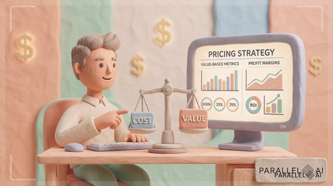 A modern AI agency owner sitting at a minimalist desk, analyzing a pricing strategy chart on a computer screen displaying value-based metrics and profit margins. The scene shows a balance scale symbolizing cost vs. value, with dollar signs glowing subtly in the background. The aesthetic blends clean technology interfaces with warm, inviting elements. Include the Parallel AI branding subtly in the lower right corner. professional aesthetic of a modern AI platform, in AirBNB claymation style, soft pastel color palette with warm tones, gentle and playful textures, diffused natural lighting, balanced composition with centered focus, matte finish with handcrafted feel, warm inviting mood blending technological innovation with cozy charm --ar 16:9 --style raw --v 6 (with template: New Frame)
