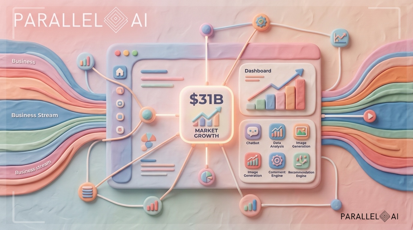A dynamic visualization of the white-label AI market opportunity showing a network of interconnected AI service nodes and agency platforms. The image depicts multiple business streams flowing together like rivers converging, with glowing data nodes representing the $31B market growth trajectory. Show a modern dashboard interface with upward trending graphs and AI service icons arranged in a organized grid. The composition should feel aspirational yet achievable, with warm inviting tones blending technological sophistication with accessible design. Include subtle claymation-style elements like soft rounded shapes and handcrafted textures to maintain approachability despite the complex subject matter. Professional aesthetic of a modern AI platform, in AirBNB claymation style, soft pastel color palette with warm tones, gentle and playful textures, diffused natural lighting, balanced composition with centered focus, matte finish with handcrafted feel, warm inviting mood blending technological innovation with cozy charm --ar 16:9 --style raw --v 6 professional aesthetic of a modern AI platform, in AirBNB claymation style, soft pastel color palette with warm tones, gentle and playful textures, diffused natural lighting, balanced composition with centered focus, matte finish with handcrafted feel, warm inviting mood blending technological innovation with cozy charm --ar 16:9 --style raw --v 6 (with template: New Frame)