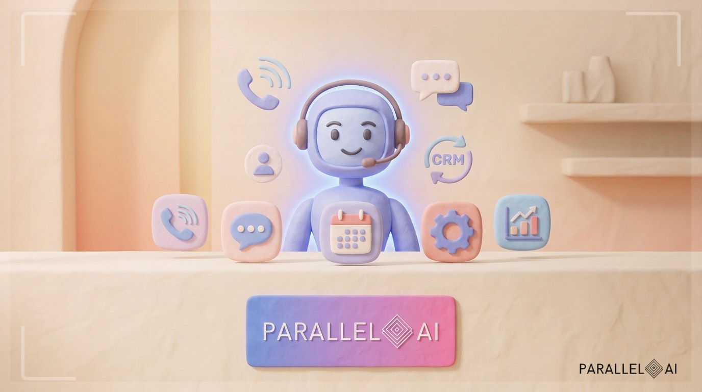 A claymation-style hero scene depicting a friendly AI receptionist at the center of a modern reception desk, surrounded by five smaller competing platform icons arranged in a semi-circle like contenders in a showdown. The central AI figure glows warmly with a soft blue-lavender aura, wearing a headset and smiling confidently, rendered in soft pastel clay textures. Phone call waves, chat bubbles, and CRM sync icons float gently around the scene. The background is a warm cream-toned office environment with subtle gradients. The Parallel AI logo with background (icon style) is subtly embedded on the reception desk surface as a branded plaque. Diffused natural lighting casts gentle shadows giving depth to the clay figures. The composition is centered and balanced, conveying a technological showdown with a cozy, approachable mood. professional aesthetic of a modern AI platform, in AirBNB claymation style, soft pastel color palette with warm tones, gentle and playful textures, diffused natural lighting, balanced composition with centered focus, matte finish with handcrafted feel, warm inviting mood blending technological innovation with cozy charm --ar 16:9 --style raw --v 6 (with template: New Frame)