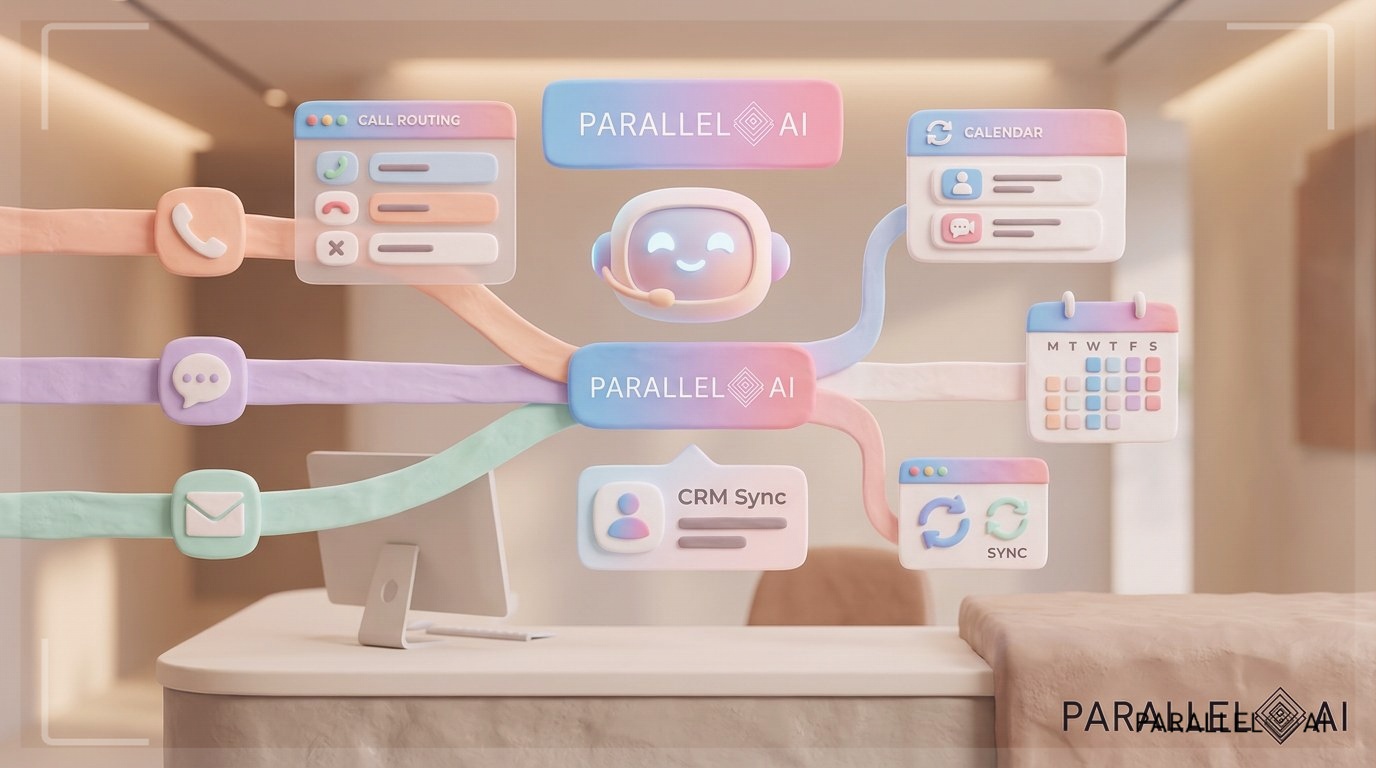 A sleek, futuristic AI receptionist interface floating above a modern front desk environment, depicted in a warm claymation style. A friendly, abstract AI avatar with soft glowing features sits at the center, surrounded by holographic call routing panels, calendar widgets, and CRM sync icons rendered as gentle 3D clay elements. Multiple communication channels — phone, chat, email — flow as soft pastel ribbons converging into a central hub. The scene uses a warm pastel palette of peach, lavender, and mint, with diffused warm lighting casting gentle shadows. The Parallel AI logo with background (style reference: 8f6f4f96-bbbe-4919-9a94-3b2cd9ca7ec2) informs the overall color harmony and modern tech aesthetic. Bottom-right corner features the dark mode logo (8b140530-12fe-482f-ae42-fae2a2bbdc74) subtly embedded. Balanced centered composition, matte handcrafted finish, cozy yet innovative mood. professional aesthetic of a modern AI platform, in AirBNB claymation style, soft pastel color palette with warm tones, gentle and playful textures, diffused natural lighting, balanced composition with centered focus, matte finish with handcrafted feel, warm inviting mood blending technological innovation with cozy charm --ar 16:9 --style raw --v 6 (with template: New Frame)