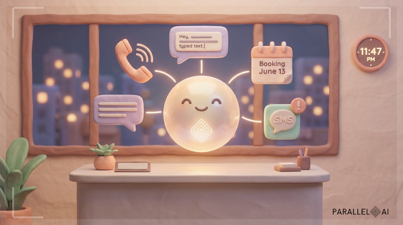 A cozy, modern office reception desk scene reimagined in claymation style, where a friendly glowing AI assistant orb floats above a sleek desk, simultaneously handling multiple communication channels — a phone call, a chat bubble, a calendar booking, and an SMS notification — all rendered as soft, rounded 3D clay objects in warm pastel tones of peach, lavender, and mint. The scene conveys 24/7 availability with a small clock showing 11:47 PM in the background window, city lights softly glowing outside. The Parallel AI logo icon (referencing brand image 8f6f4f96-bbbe-4919-9a94-3b2cd9ca7ec2) should appear subtly integrated as a glowing emblem on the AI orb, reinforcing brand identity. The composition is centered and balanced with diffused warm lighting, matte handcrafted textures, and a welcoming, innovative mood. professional aesthetic of a modern AI platform, in AirBNB claymation style, soft pastel color palette with warm tones, gentle and playful textures, diffused natural lighting, balanced composition with centered focus, matte finish with handcrafted feel, warm inviting mood blending technological innovation with cozy charm --ar 16:9 --style raw --v 6 (with template: New Frame)